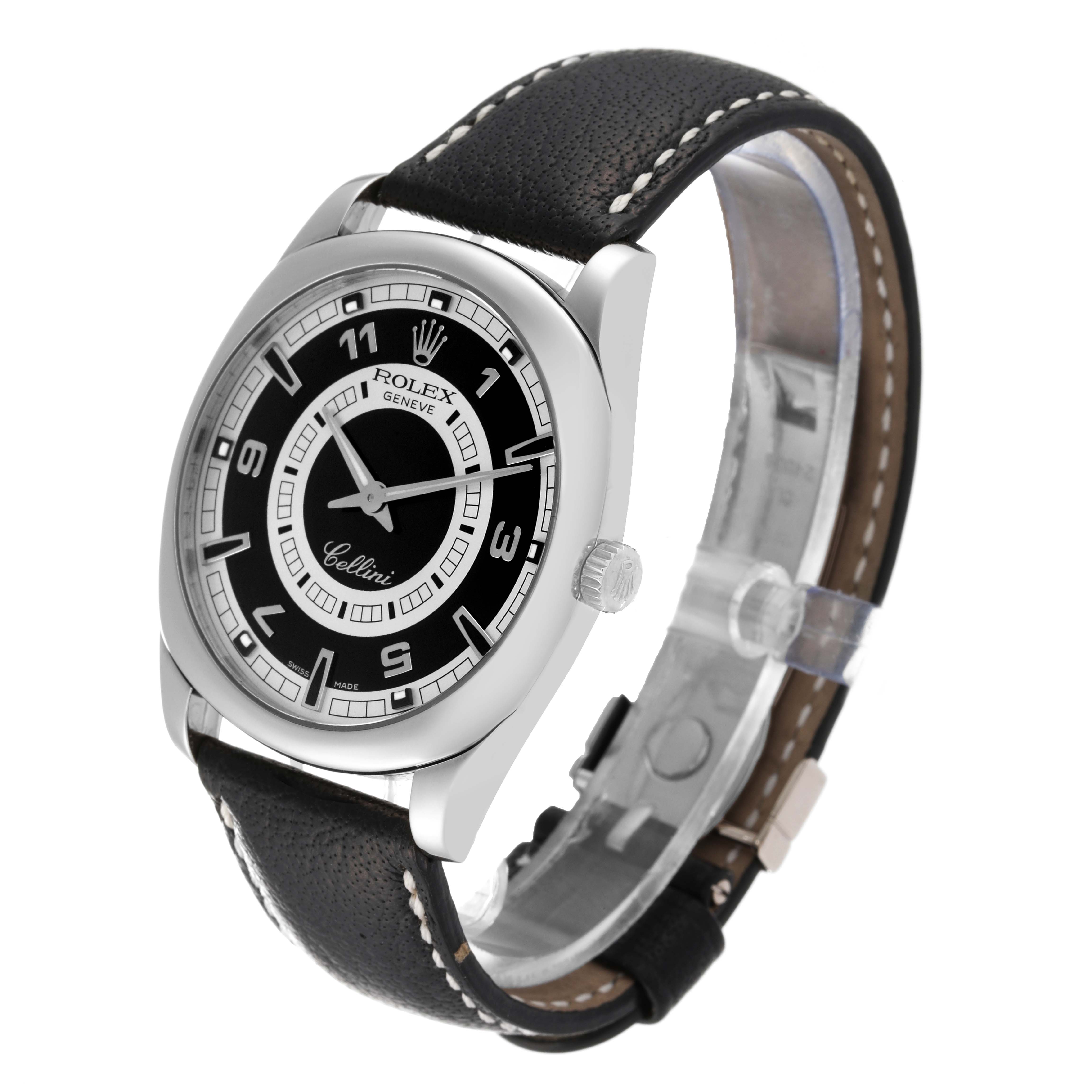 The Rolex Cellini 4243 Men's White Gold Black Dial 4243 Men's White Gold Black Dial watch is shown from a side angle highlighting the dial, case, crown, and leather strap.