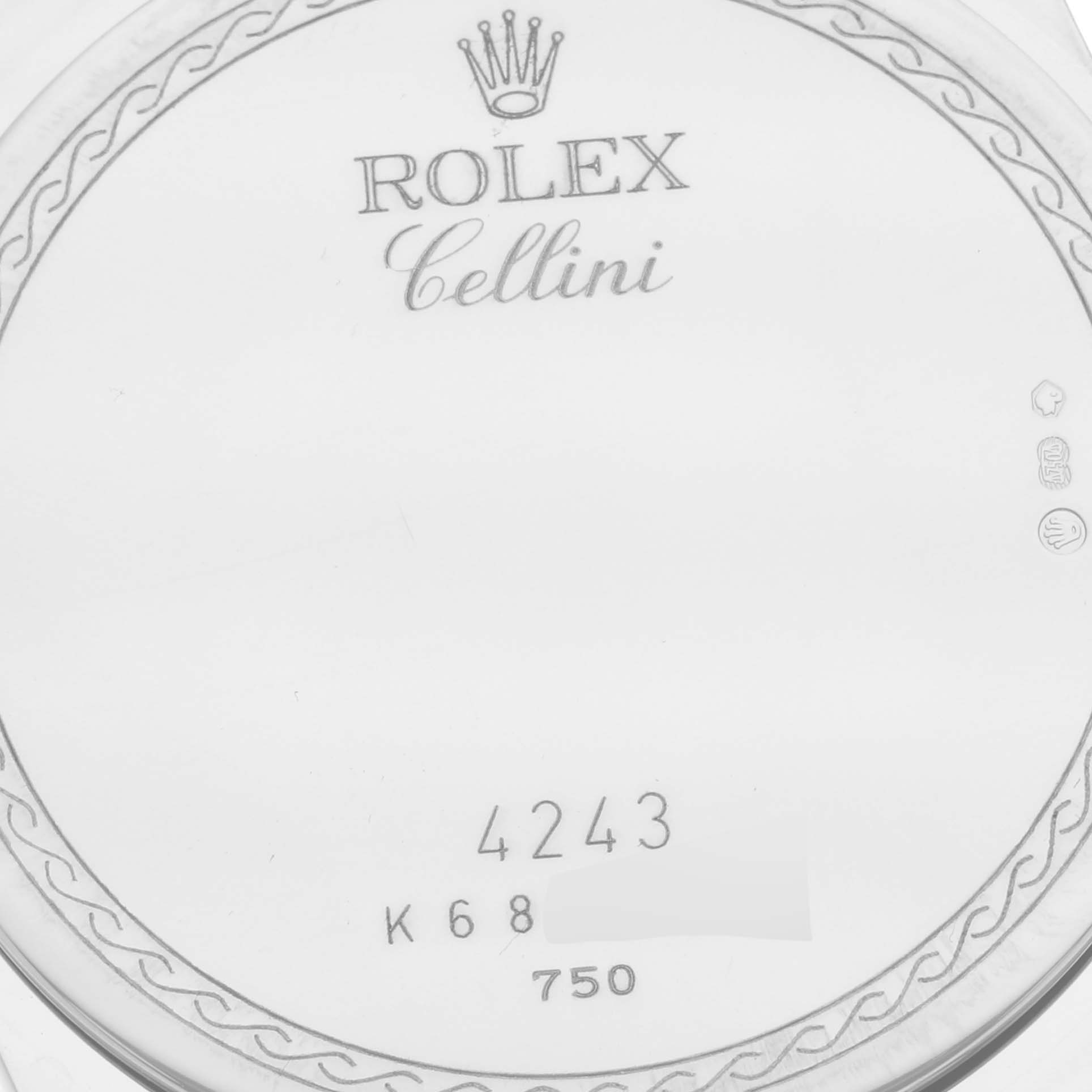 The image shows the back case of a Rolex Cellini 4243 Men's White Gold Black Dial 4243 Men's White Gold Black Dial watch, featuring its intricate border design and engraved details.