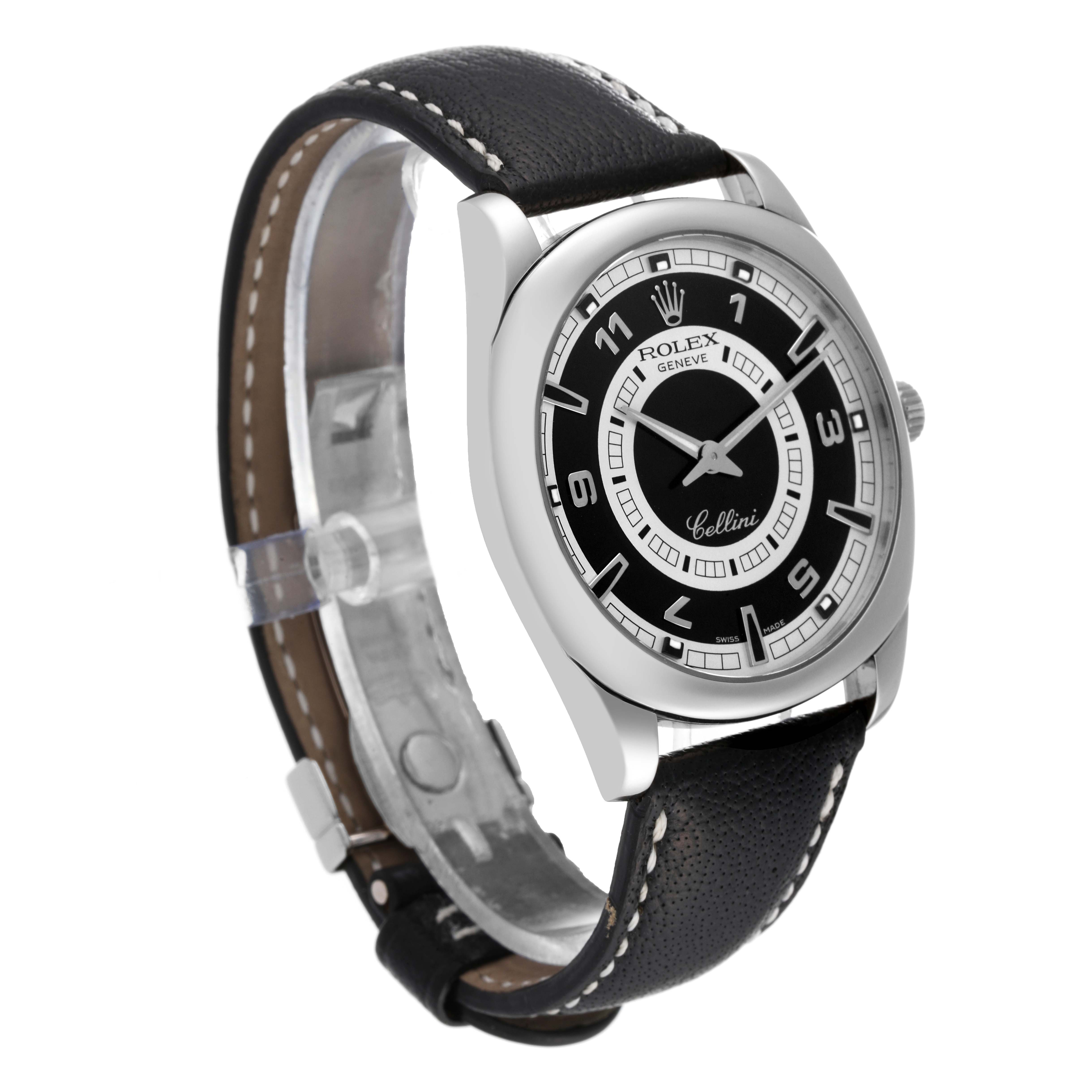 The image shows a Rolex Cellini 4243 Men's White Gold Black Dial 4243 Men's White Gold Black Dial watch at a slight angle, highlighting its black dial, numeric markers, and black leather strap.