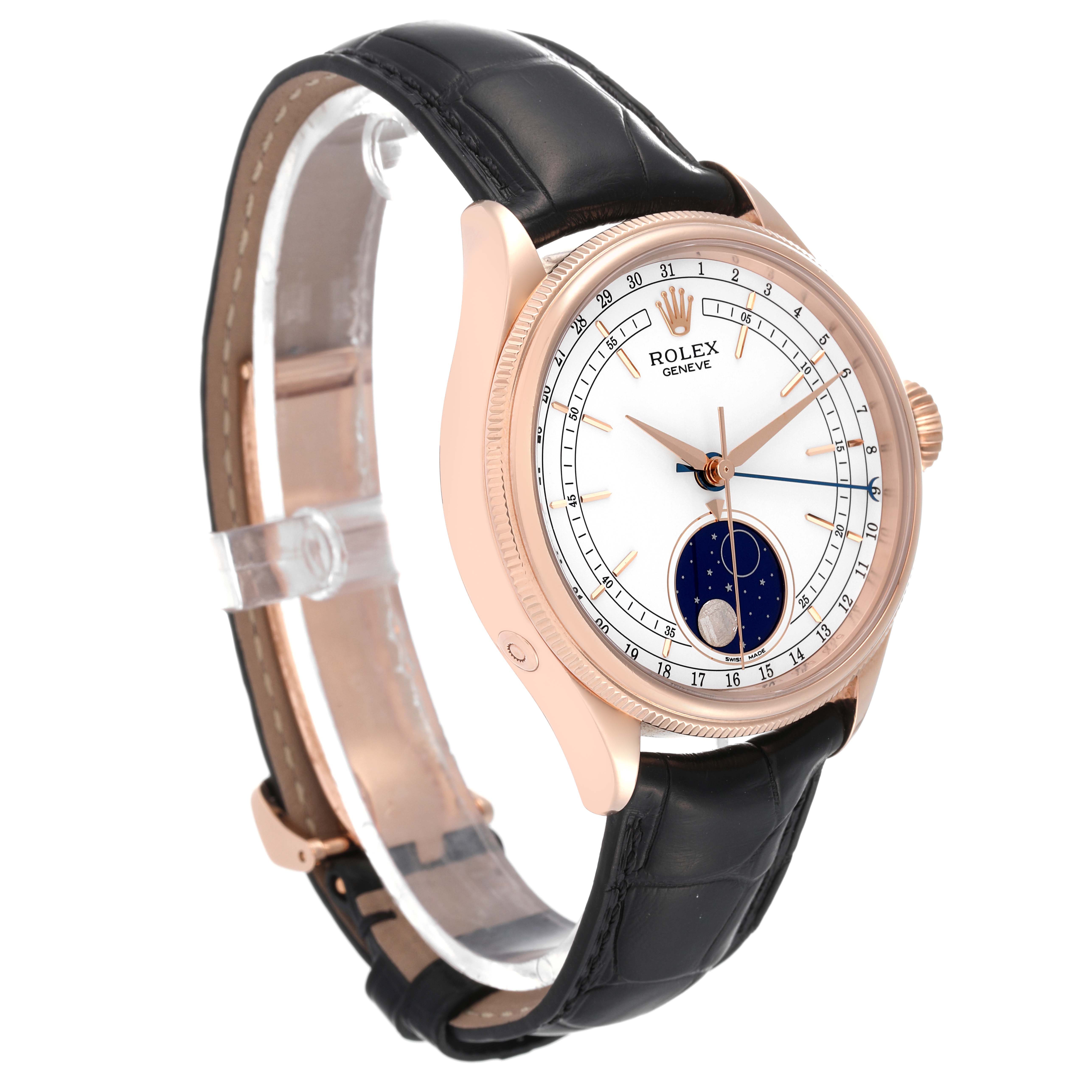 The Rolex Cellini 50535 Men
s Rose Gold White Dial 50535 Men
s Rose Gold White Dial watch is shown at a three-quarter angle, highlighting its face, case, and black leather band.