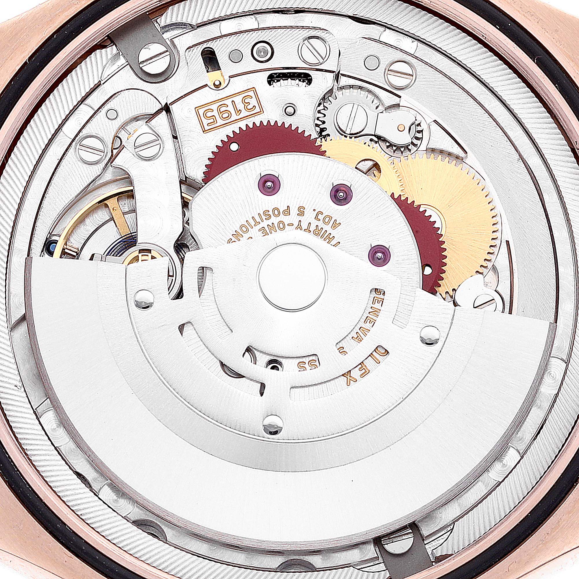 This image shows the intricate movement mechanism of a Rolex Cellini 50535 Men
s Rose Gold White Dial 50535 Men
s Rose Gold White Dial model watch from a close-up, top-down angle.