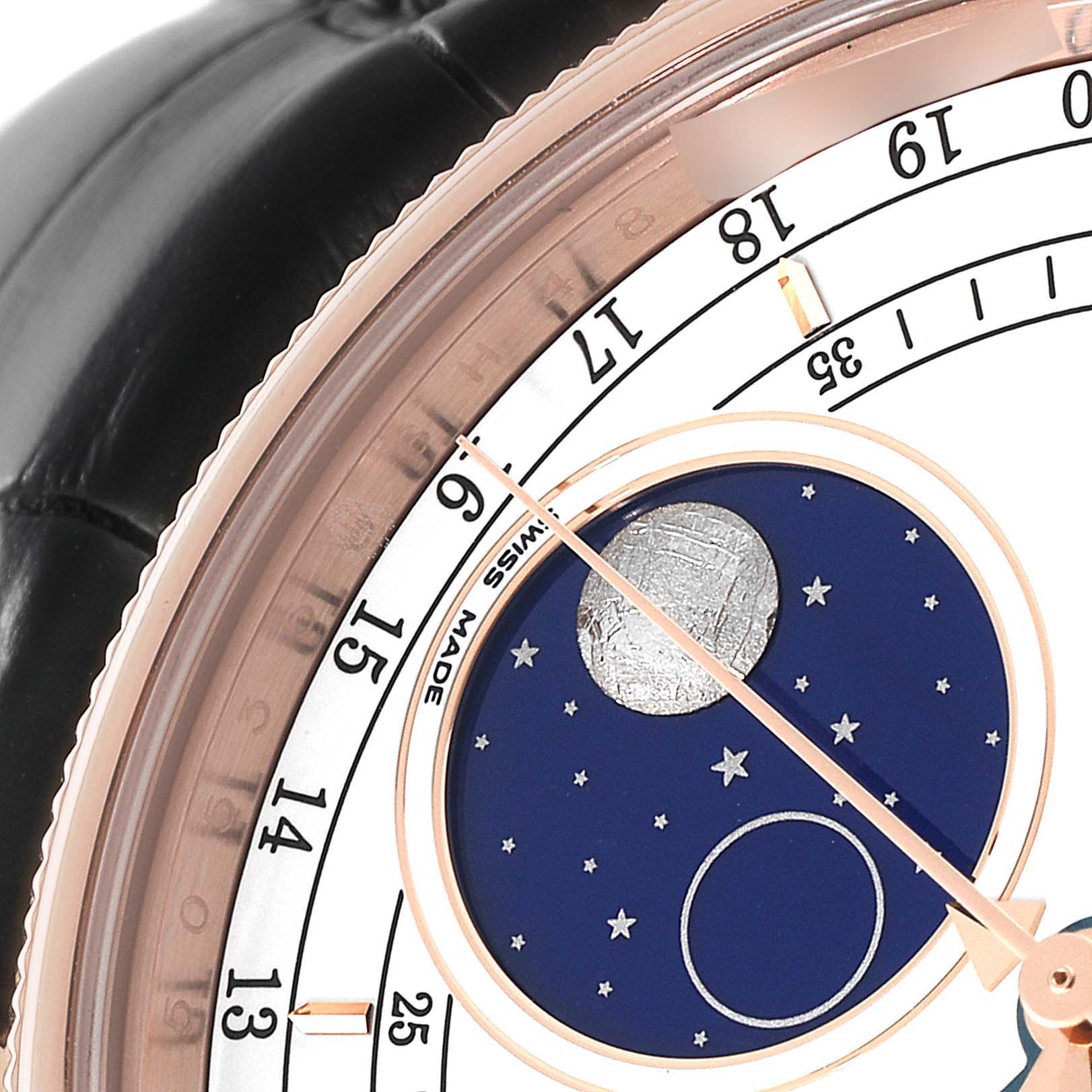 This close-up shows the moonphase complication and part of the dial of the Rolex Cellini 50535 Men
s Rose Gold White Dial 50535 Men
s Rose Gold White Dial watch.
