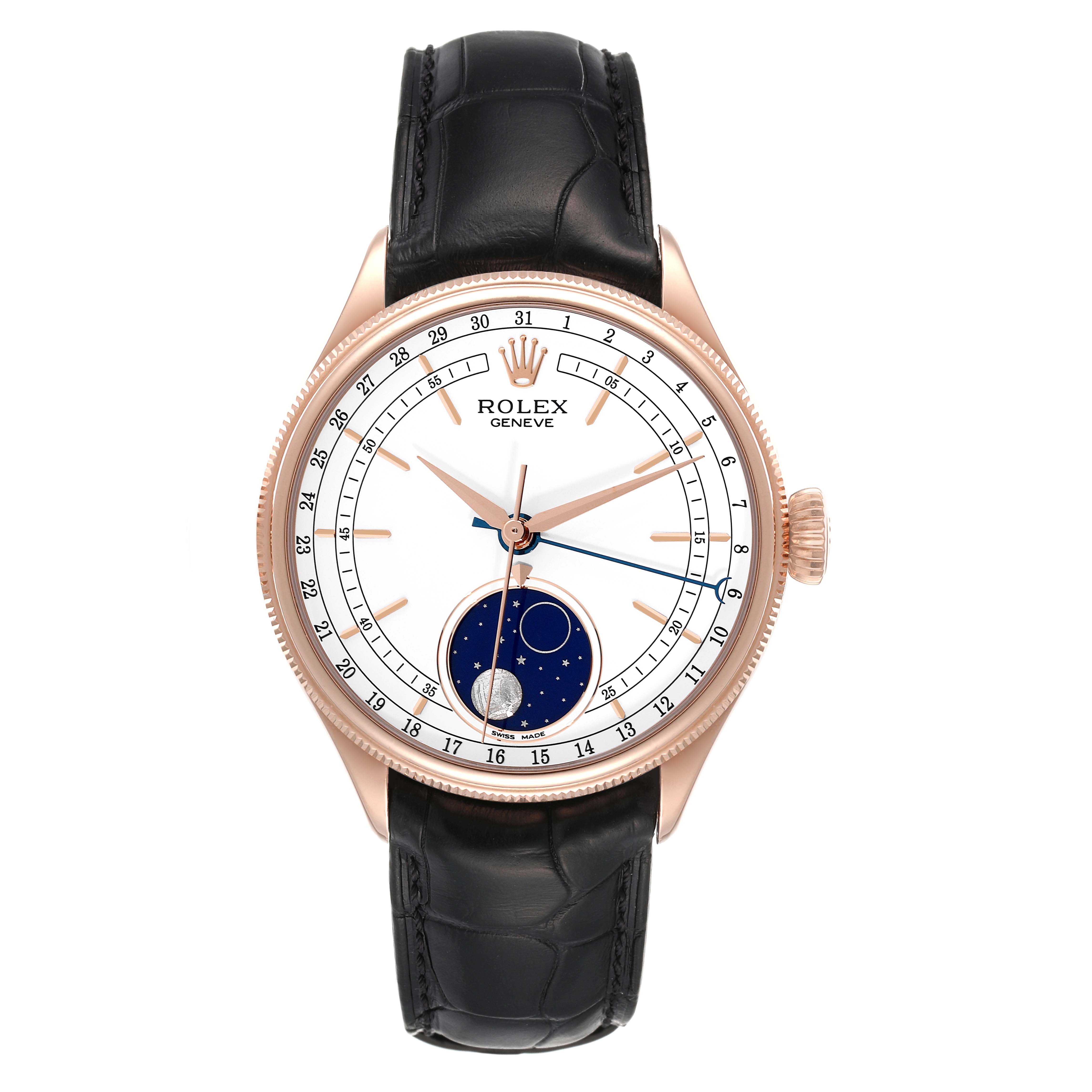 The image shows a front view of a Rolex Cellini 50535 Men
s Rose Gold White Dial 50535 Men
s Rose Gold White Dial watch, featuring a black leather strap and a moonphase complication on the dial.