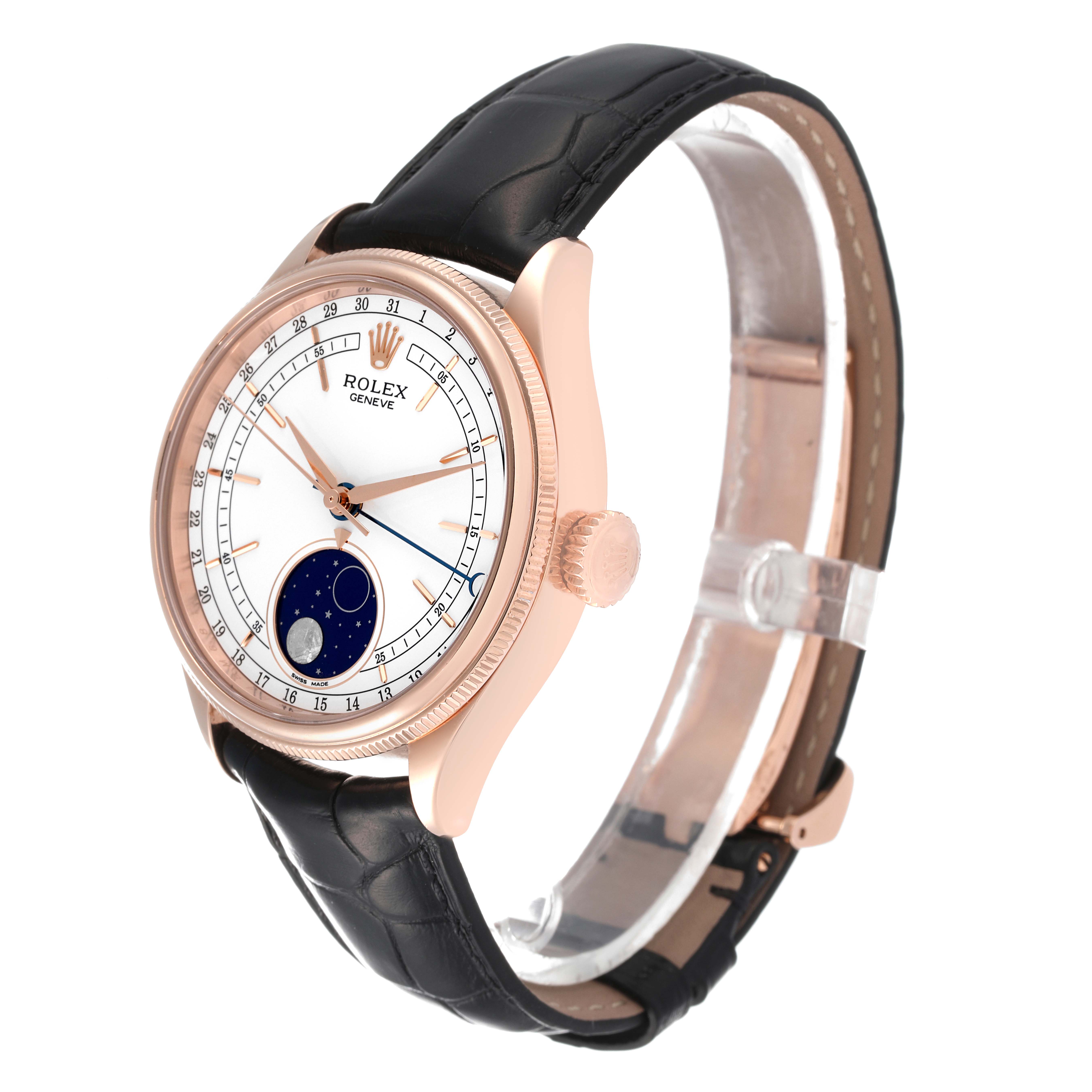 The photo shows a side angle of a Rolex Cellini 50535 Men
s Rose Gold White Dial 50535 Men
s Rose Gold White Dial watch featuring its dial, case, and leather strap.