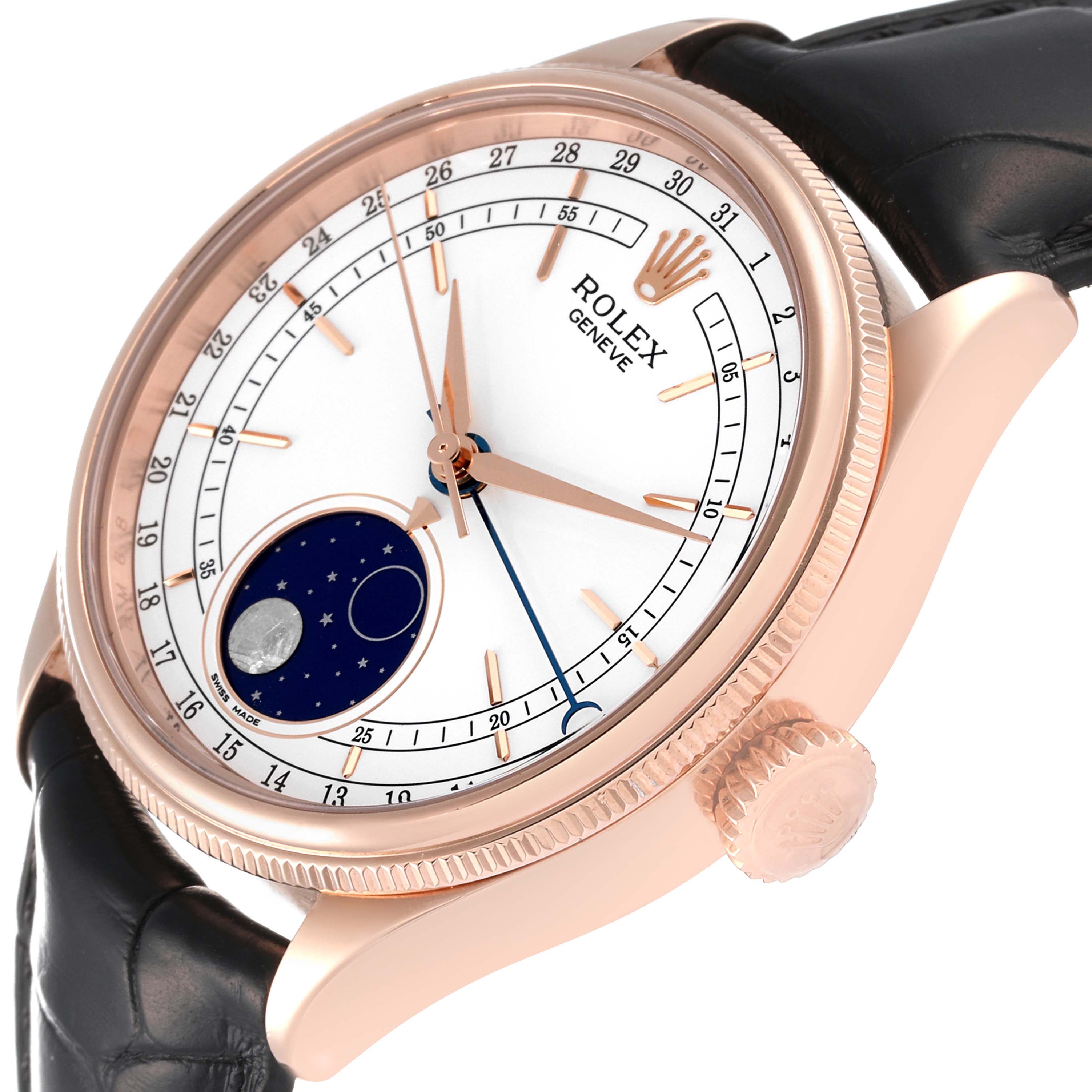The image shows a side angle view of a Rolex Cellini 50535 Men
s Rose Gold White Dial 50535 Men
s Rose Gold White Dial watch, highlighting its dial, bezel, crown, and black leather strap.