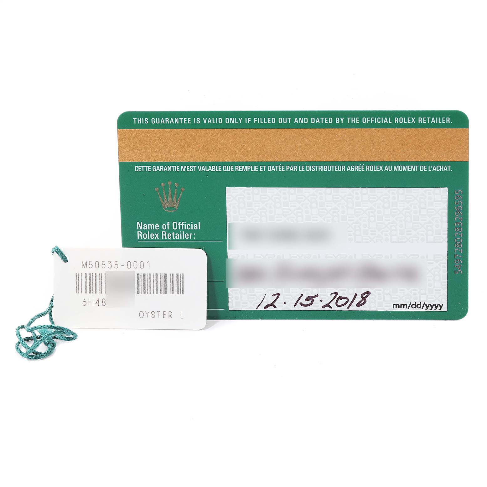 It shows a Rolex Cellini 50535 Men
s Rose Gold White Dial 50535 Men
s Rose Gold White Dial warranty card and a tag with the model number M50535-0001.