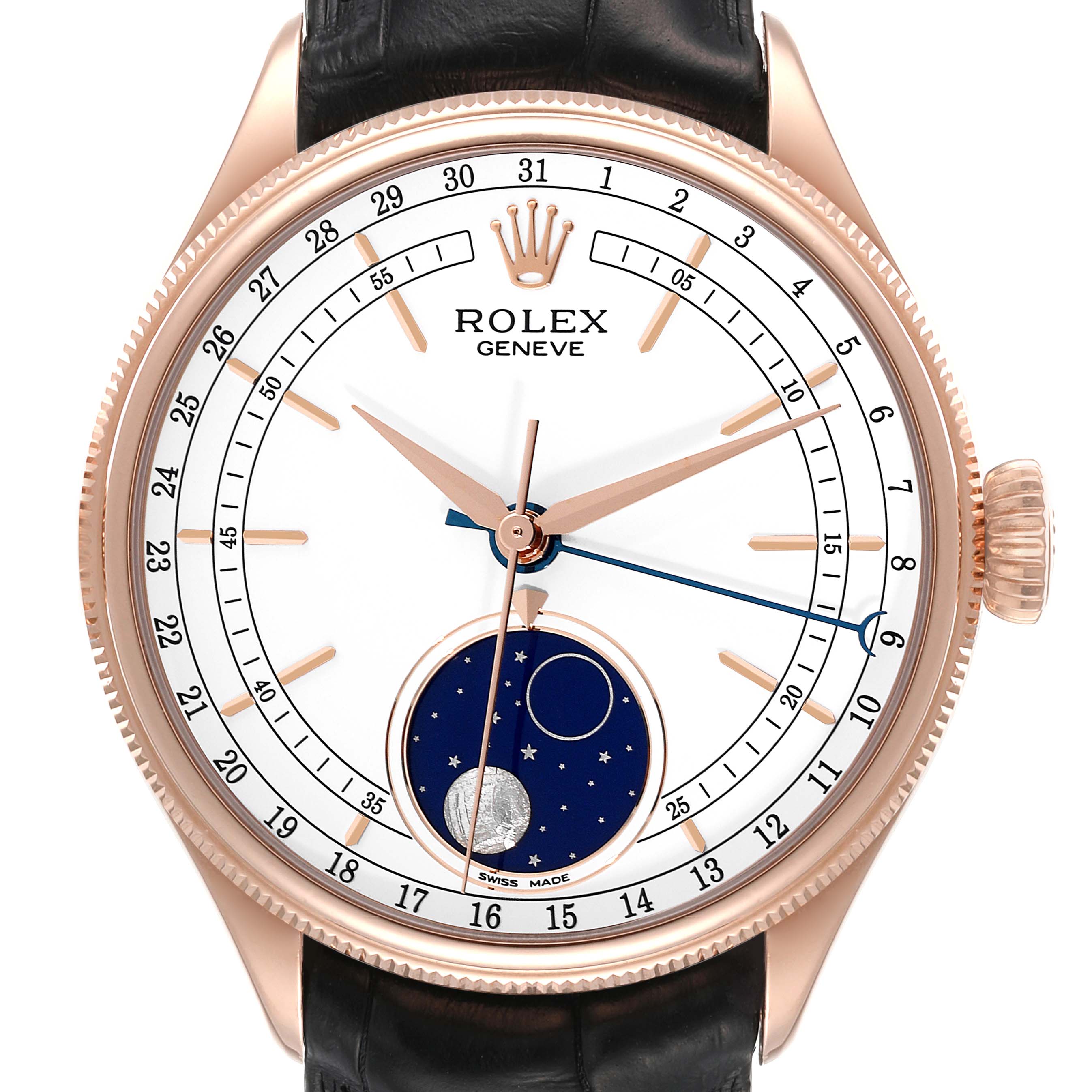 The Rolex Cellini 50535 Men
s Rose Gold White Dial 50535 Men
s Rose Gold White Dial watch is shown from the front, displaying the dial with moonphase indicator, hands, crown, and part of the strap.