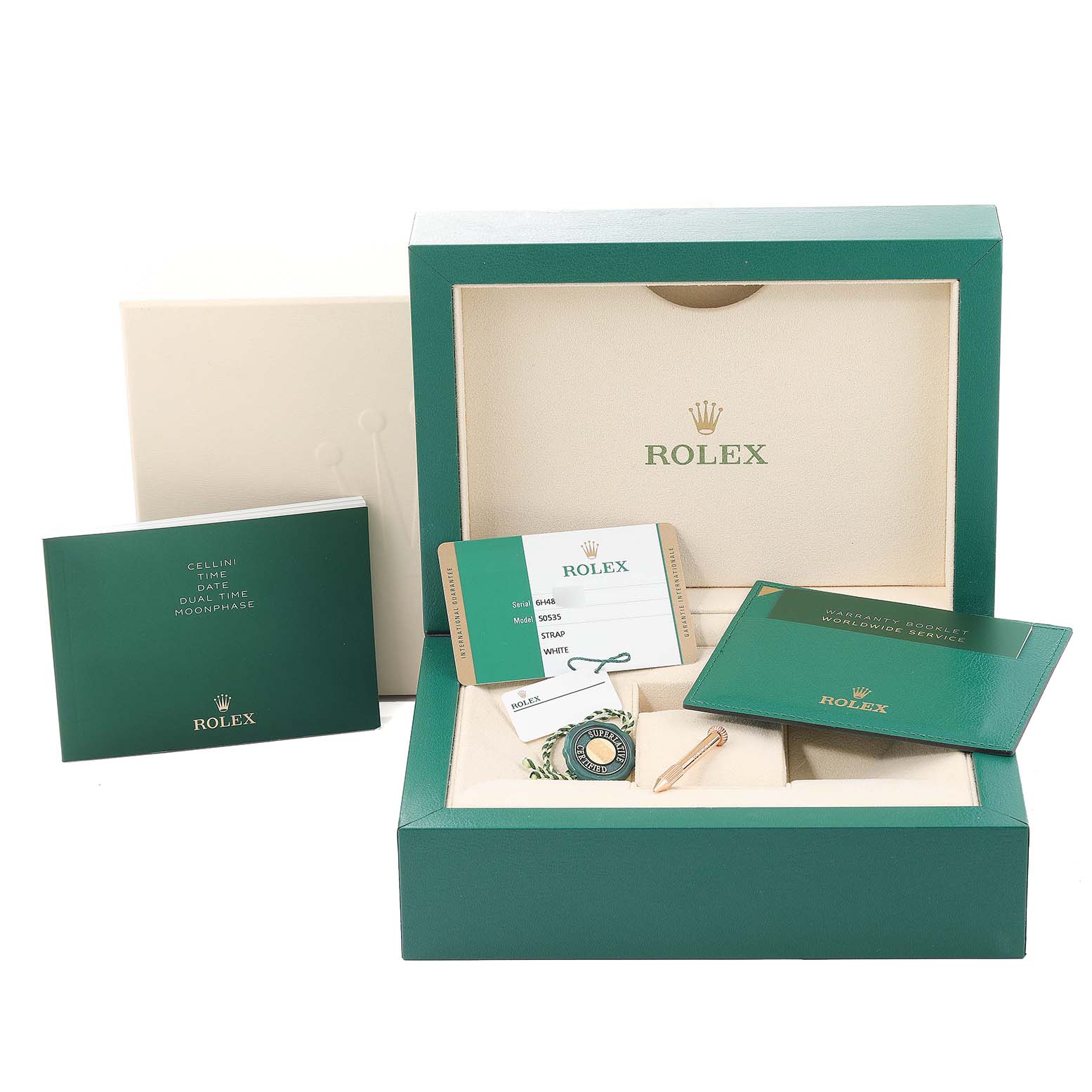 The image shows the packaging and accessories for a Rolex Cellini 50535 Men
s Rose Gold White Dial 50535 Men
s Rose Gold White Dial, including the box, warranty card, booklets, and tags.