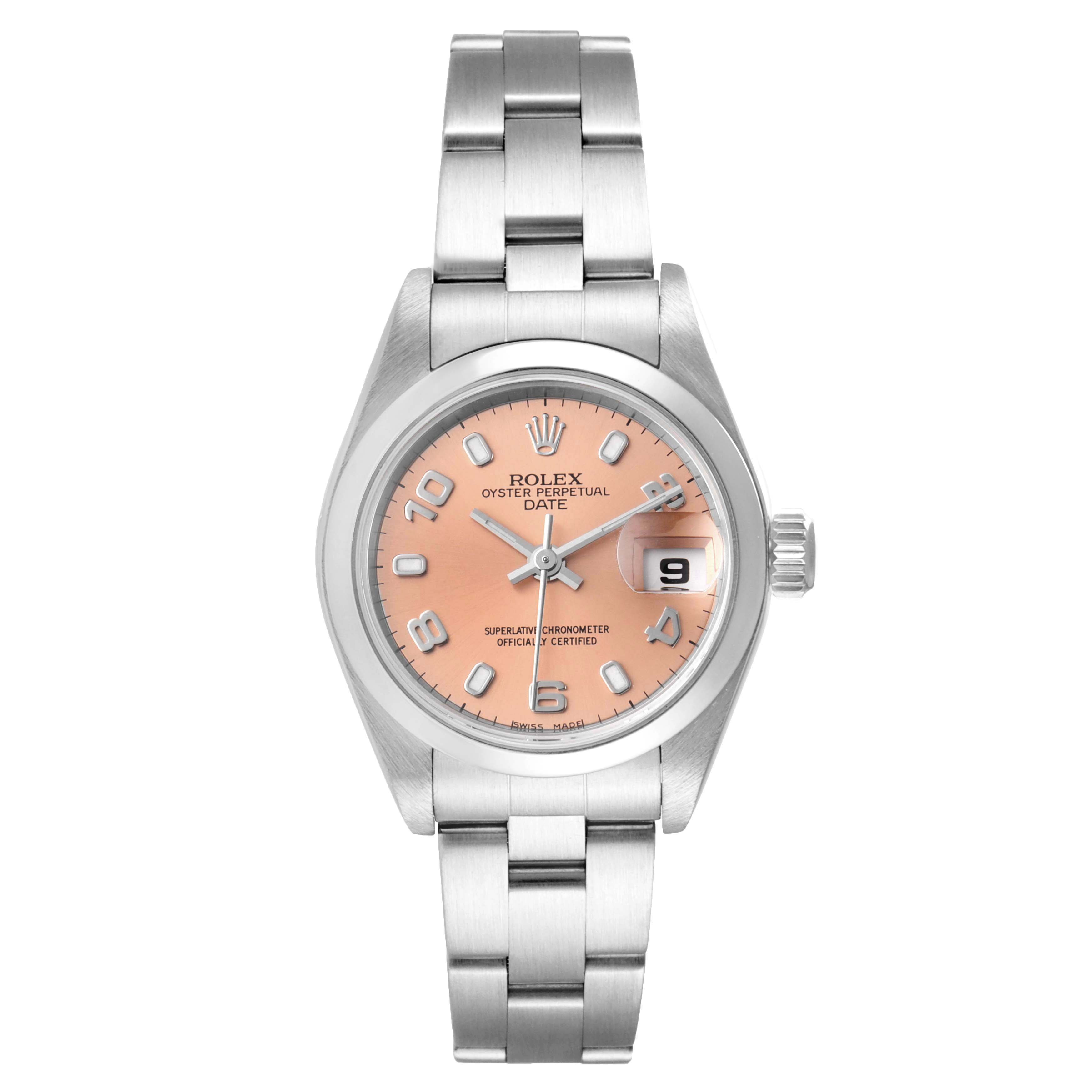This Rolex Date 79160 Women
s Stainless Steel Pink Dial 79160 Women
s Stainless Steel Pink Dial model watch is shown from a front angle, displaying the dial, hands, bracelet, and date window.