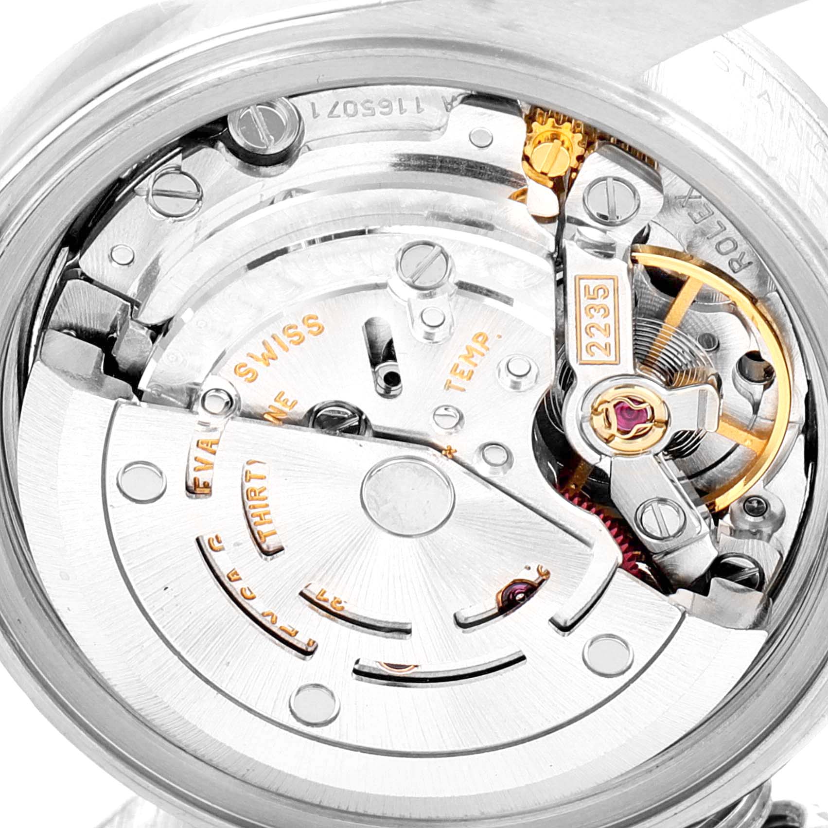 This image shows a close-up view of the movement mechanism of the Rolex Date 79160 Women
s Stainless Steel Pink Dial 79160 Women
s Stainless Steel Pink Dial model watch.