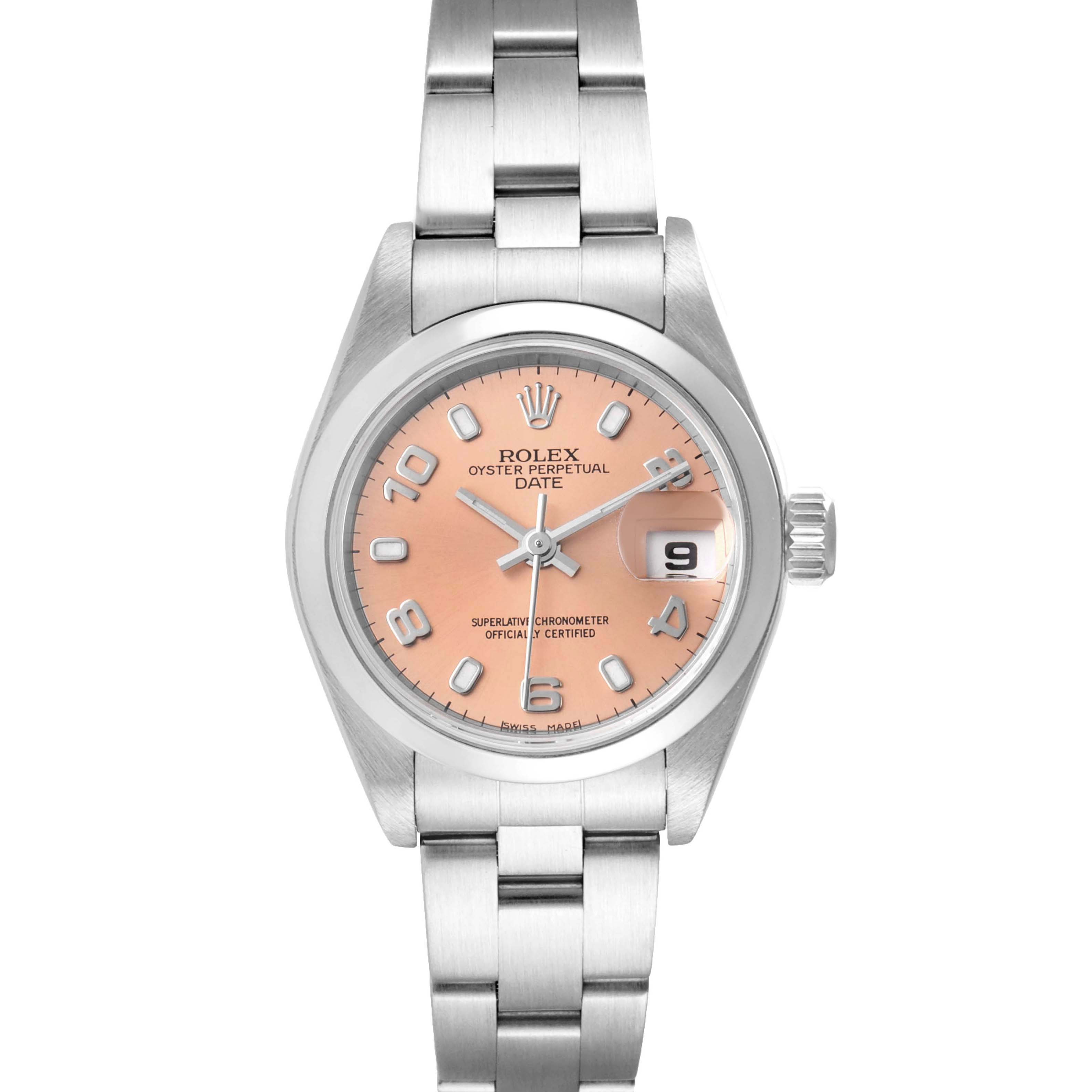 This image shows a front view of a Rolex Date 79160 Women
s Stainless Steel Pink Dial 79160 Women
s Stainless Steel Pink Dial model watch, displaying its face, bezel, crown, and bracelet.