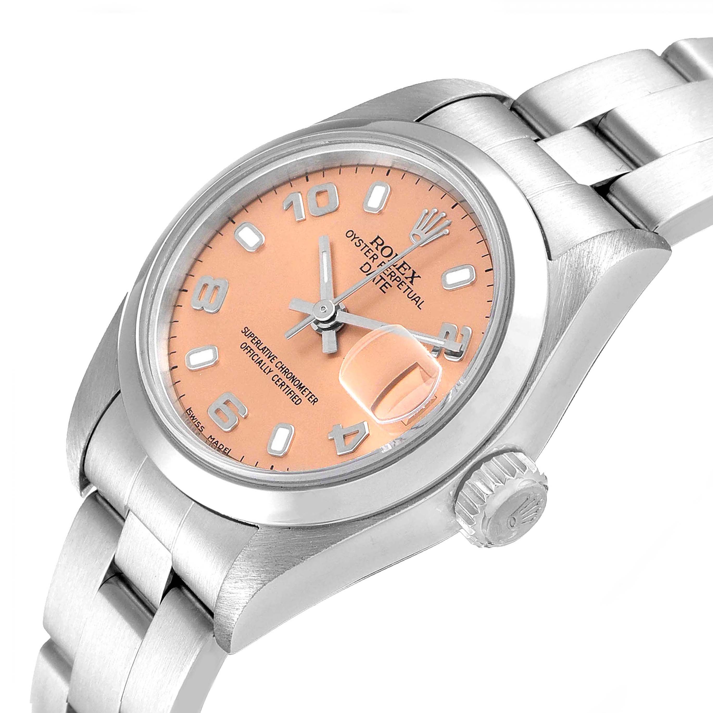 This image shows a Rolex Date 79160 Women
s Stainless Steel Pink Dial 79160 Women
s Stainless Steel Pink Dial model watch at an angle displaying its dial, case, bracelet, and crown.