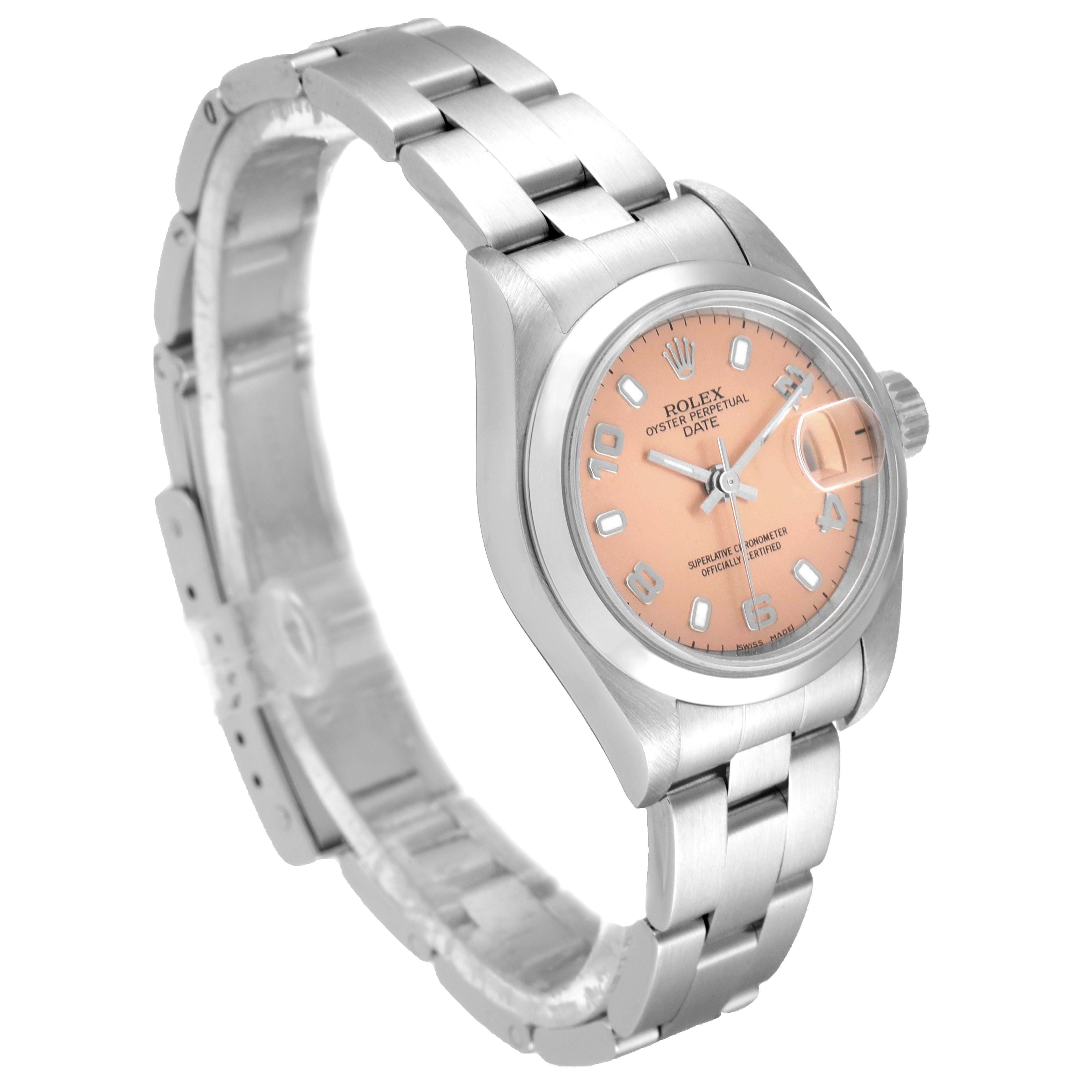The Rolex Date 79160 Women
s Stainless Steel Pink Dial 79160 Women
s Stainless Steel Pink Dial watch is shown at a three-quarter angle, displaying the face, bezel, crown, and bracelet.