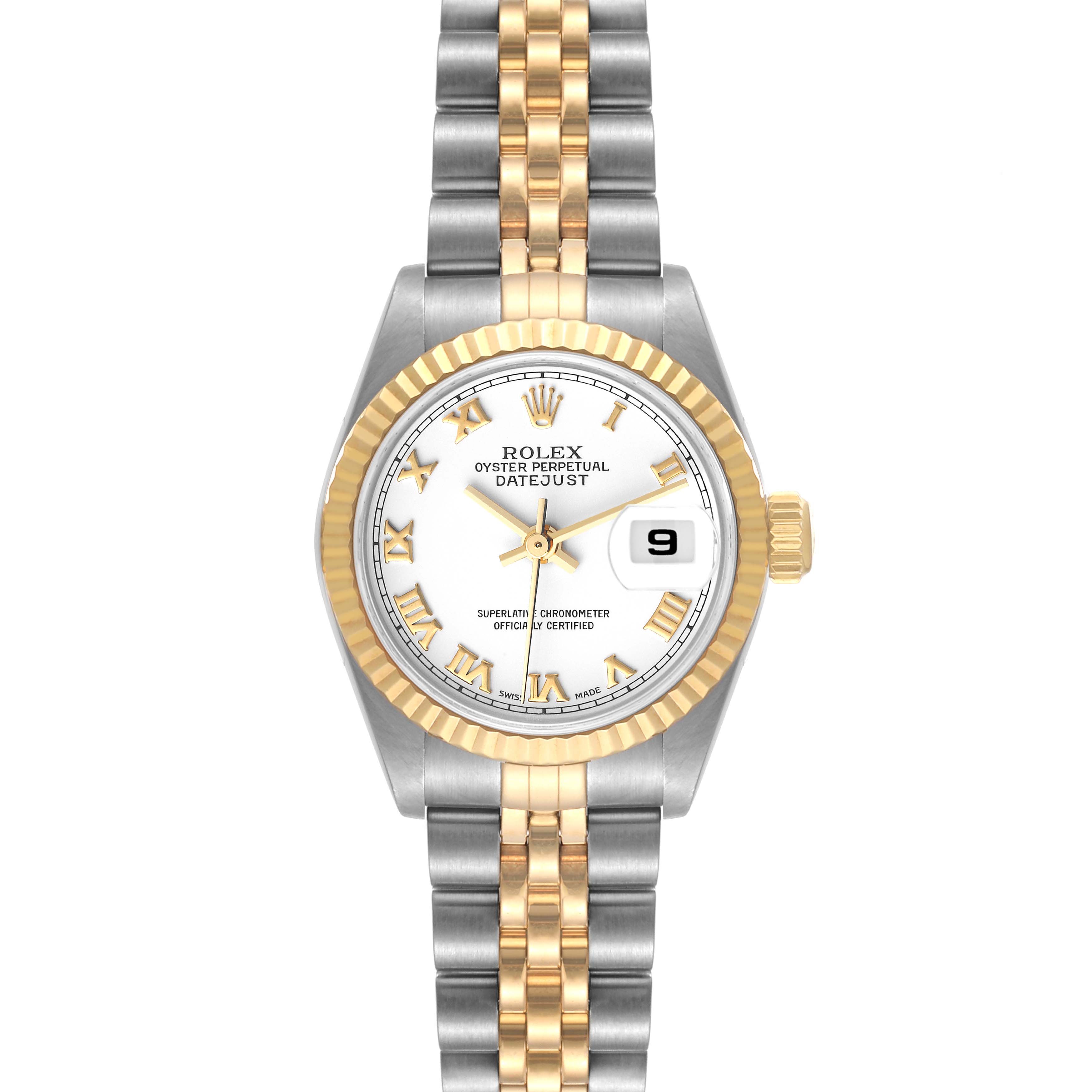 The Rolex Datejust 79173 Women's Steel and Gold (two tone) White Dial 79173 Women's Steel and Gold (two tone) White Dial watch is shown from a front angle, displaying its dial, bezel, and bracelet.
