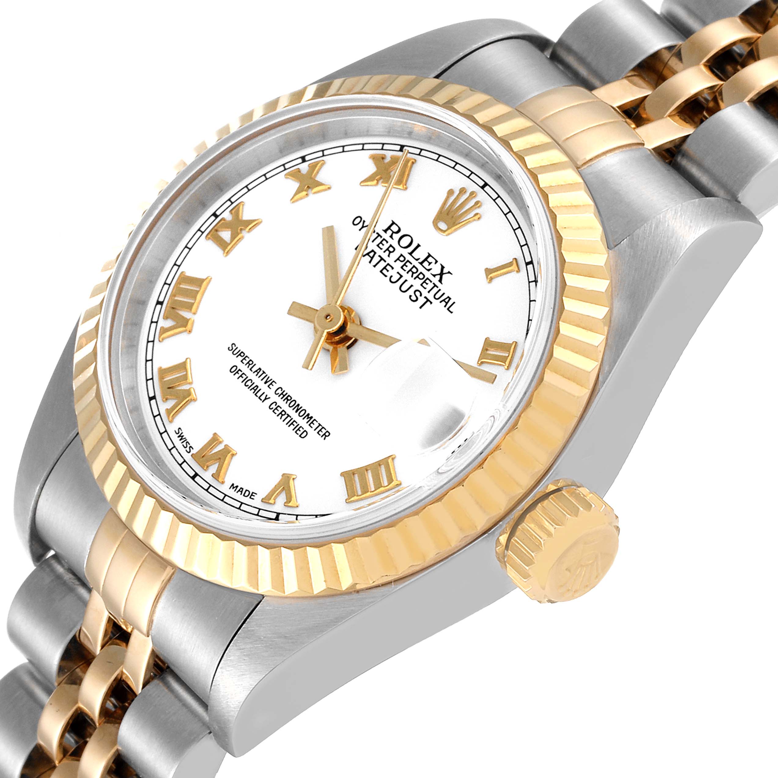 The image shows a close-up angled view of a Rolex Datejust 79173 Women's Steel and Gold (two tone) White Dial 79173 Women's Steel and Gold (two tone) White Dial watch, highlighting the dial, bracelet, and fluted bezel.