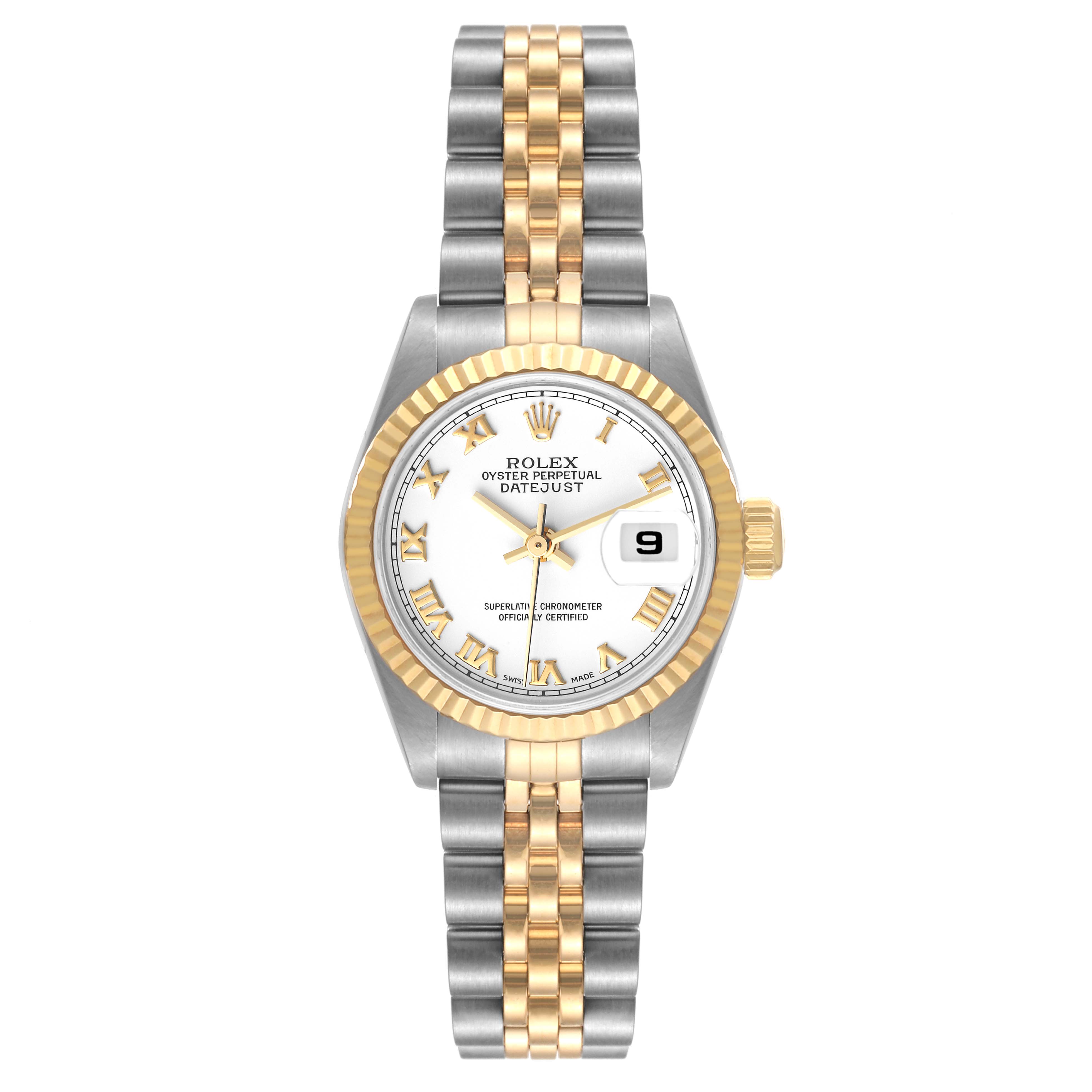 The image shows a Rolex Datejust 79173 Women's Steel and Gold (two tone) White Dial 79173 Women's Steel and Gold (two tone) White Dial watch from the front view, featuring a white dial, gold fluted bezel, and two-tone jubilee bracelet.
