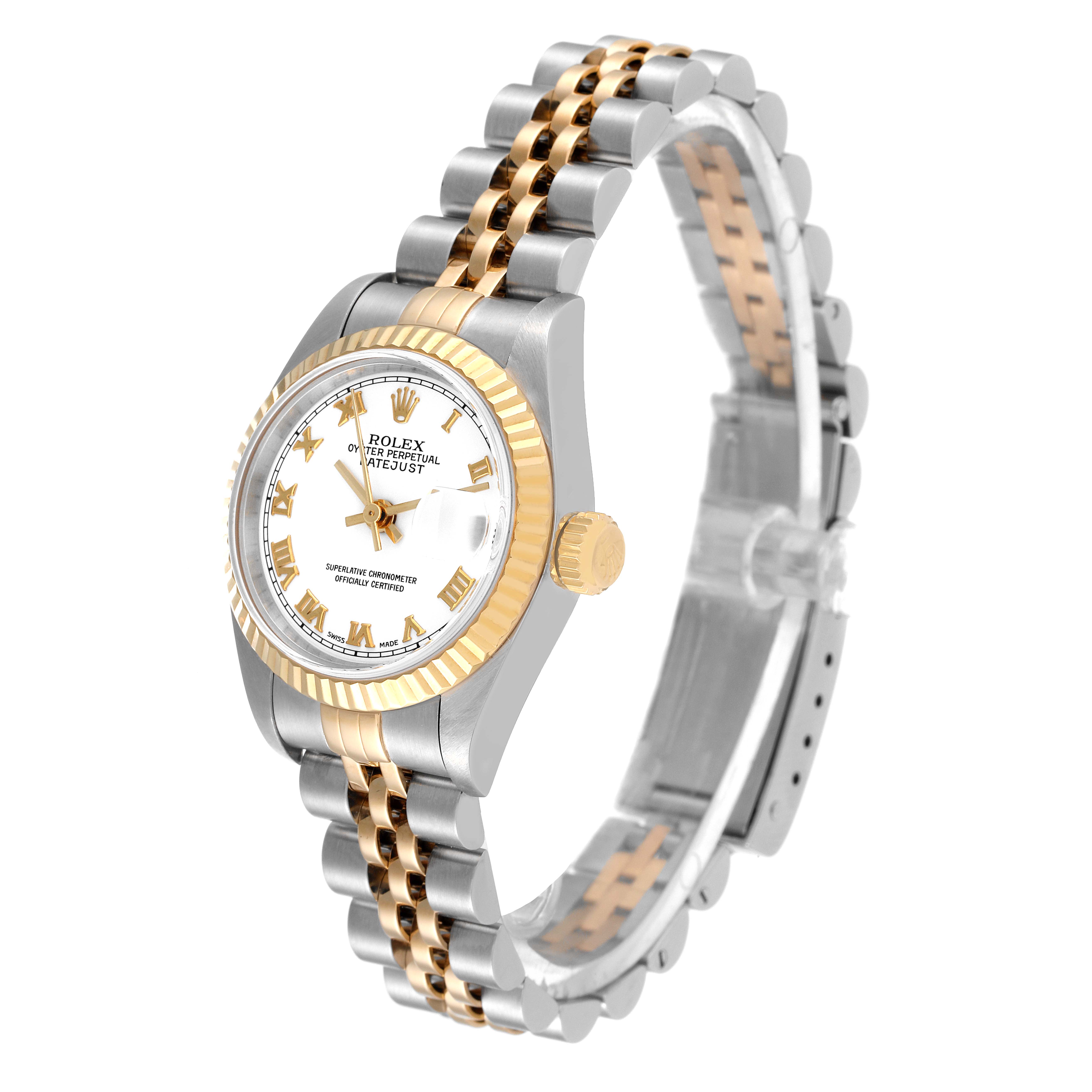 The image shows a Rolex Datejust 79173 Women's Steel and Gold (two tone) White Dial 79173 Women's Steel and Gold (two tone) White Dial watch at a slight angle, highlighting the face, bezel, crown, and two-tone bracelet.