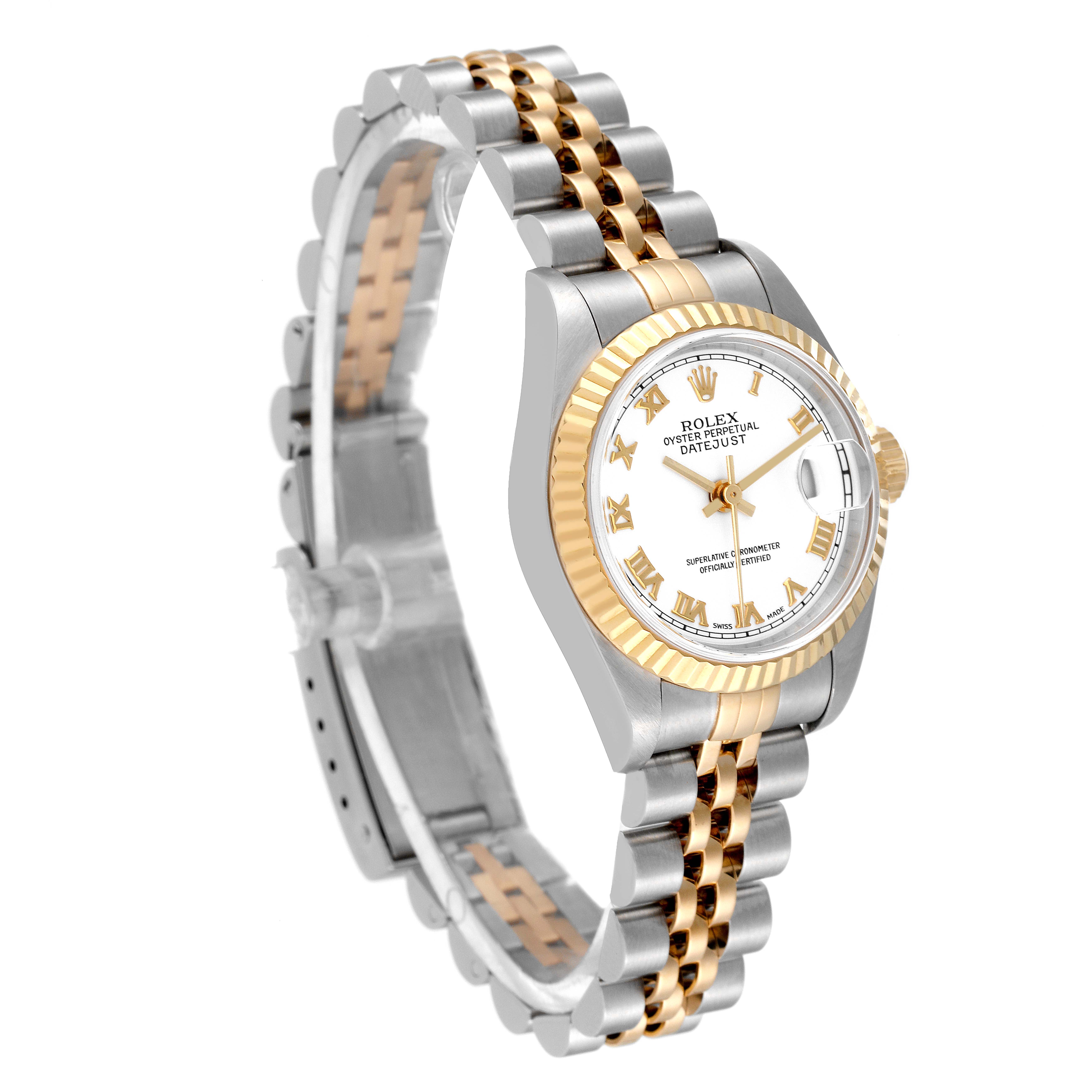 The image shows a Rolex Datejust 79173 Women's Steel and Gold (two tone) White Dial 79173 Women's Steel and Gold (two tone) White Dial watch at an angle, displaying its dial, bezel, crown, and bracelet.