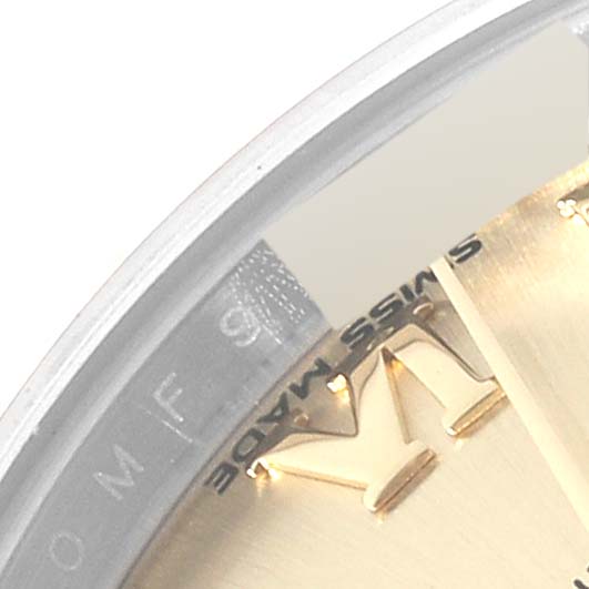 The image shows a close-up of the dial, bezel, and part of an hour marker from the Rolex Datejust 279173 Women's Steel and Gold (two tone) Champagne Dial 279173 Women's Steel and Gold (two tone) Champagne Dial watch.