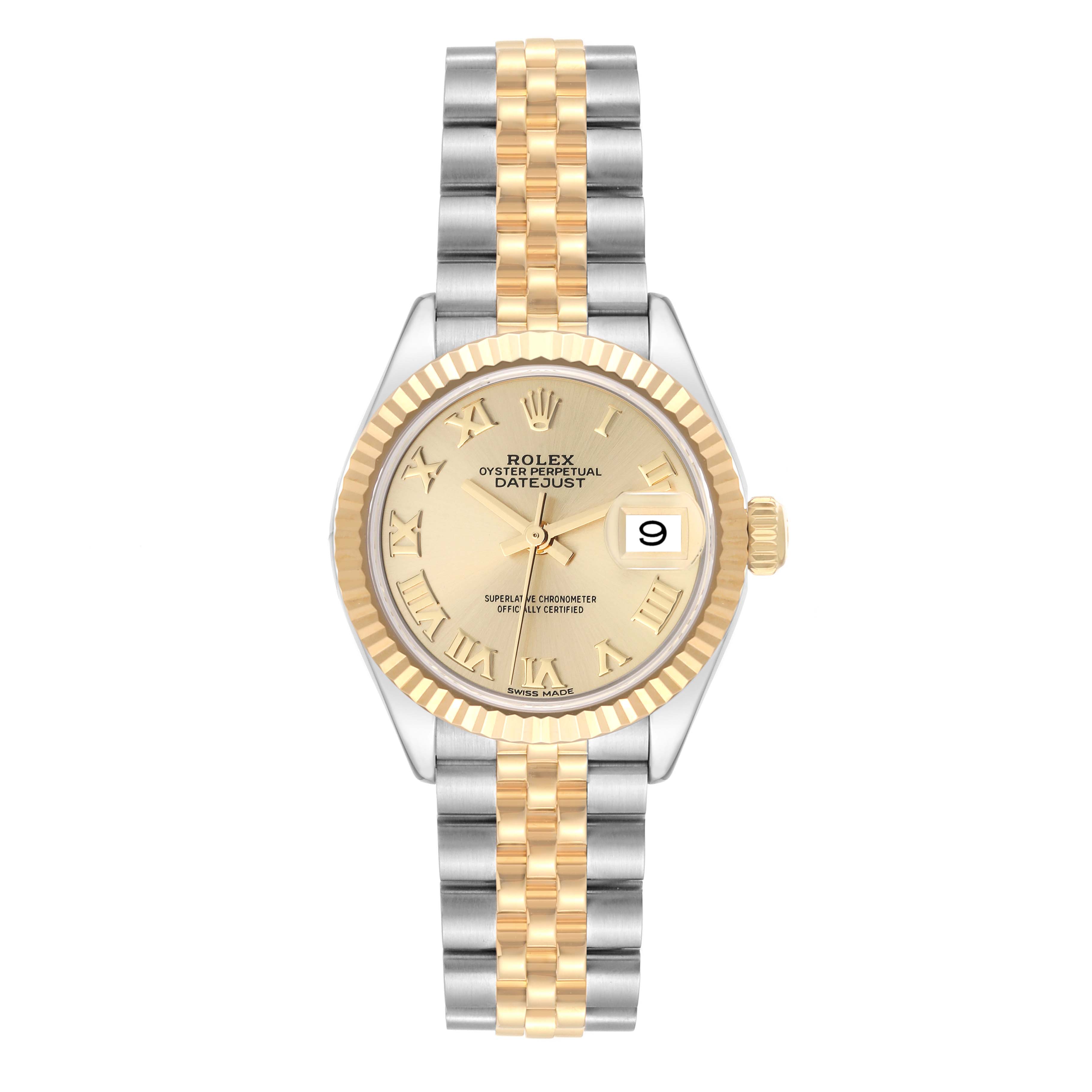 This image shows a Rolex Datejust 279173 Women's Steel and Gold (two tone) Champagne Dial 279173 Women's Steel and Gold (two tone) Champagne Dial watch from a top view, highlighting its dial, fluted bezel, and jubilee bracelet.