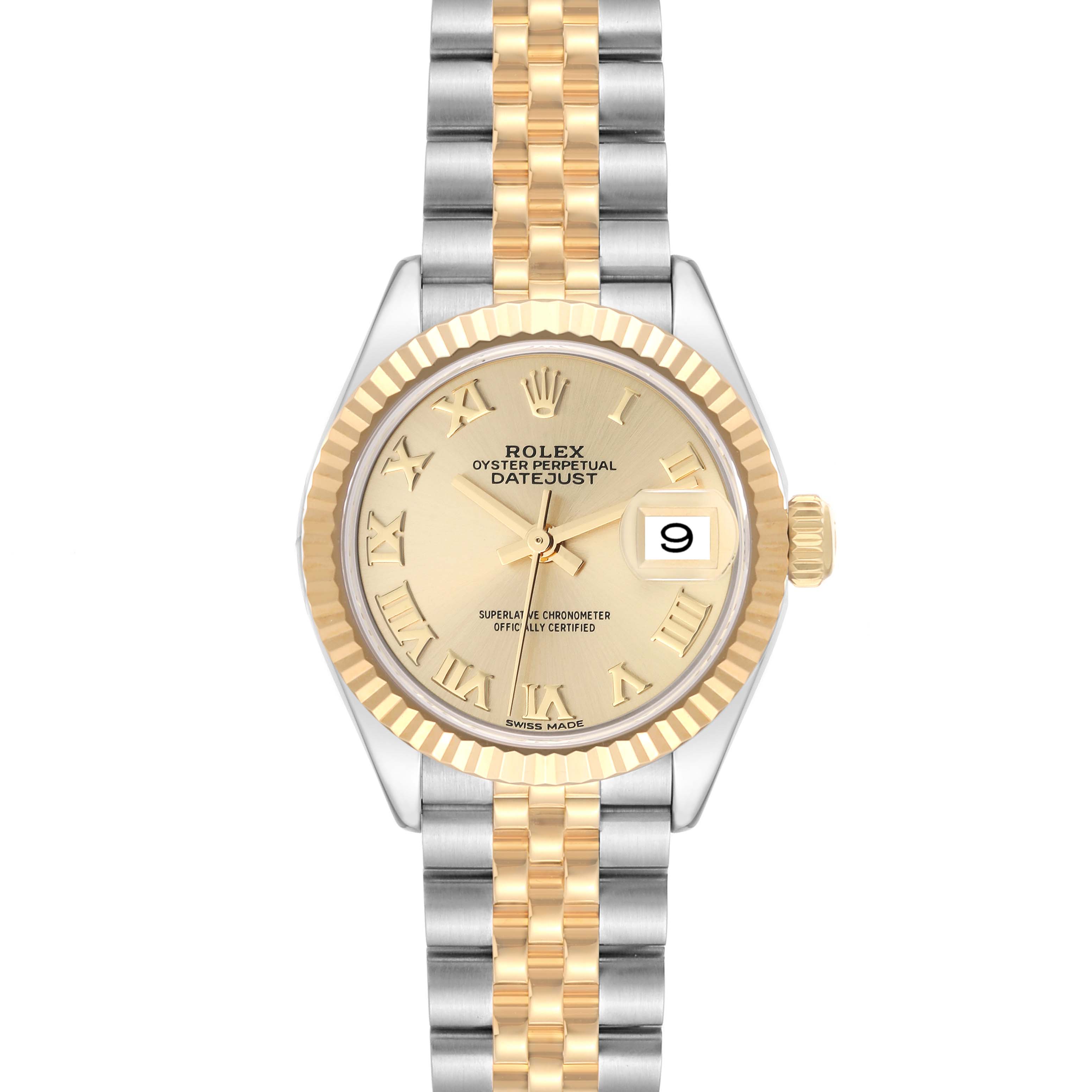 The image shows a frontal view of the Rolex Datejust 279173 Women's Steel and Gold (two tone) Champagne Dial 279173 Women's Steel and Gold (two tone) Champagne Dial watch, featuring a gold and silver jubilee bracelet and a fluted bezel.