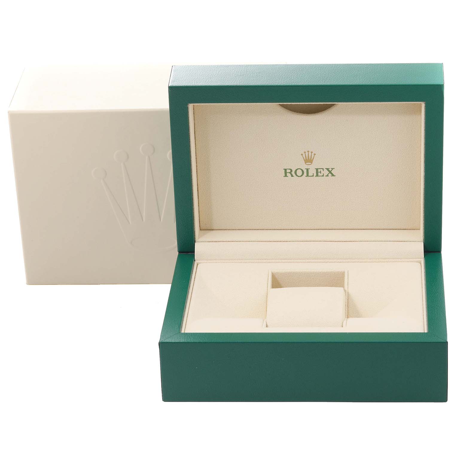 The image shows an open Rolex Datejust 279173 Women's Steel and Gold (two tone) Champagne Dial 279173 Women's Steel and Gold (two tone) Champagne Dial watch box with a green exterior and beige interior.