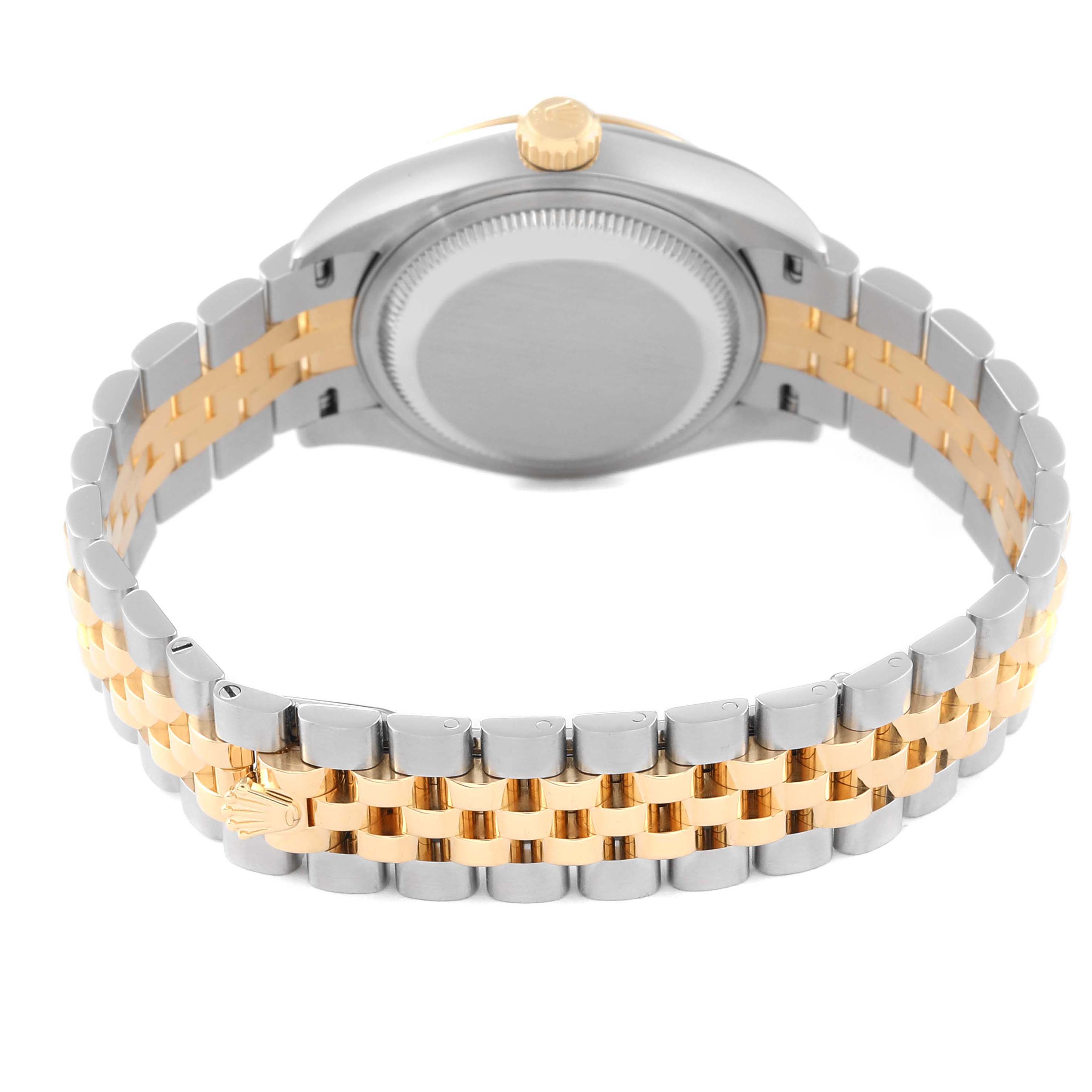 This image shows the back view of the Rolex Datejust 279173 Women's Steel and Gold (two tone) Champagne Dial 279173 Women's Steel and Gold (two tone) Champagne Dial model, highlighting the case, crown, and two-tone bracelet.