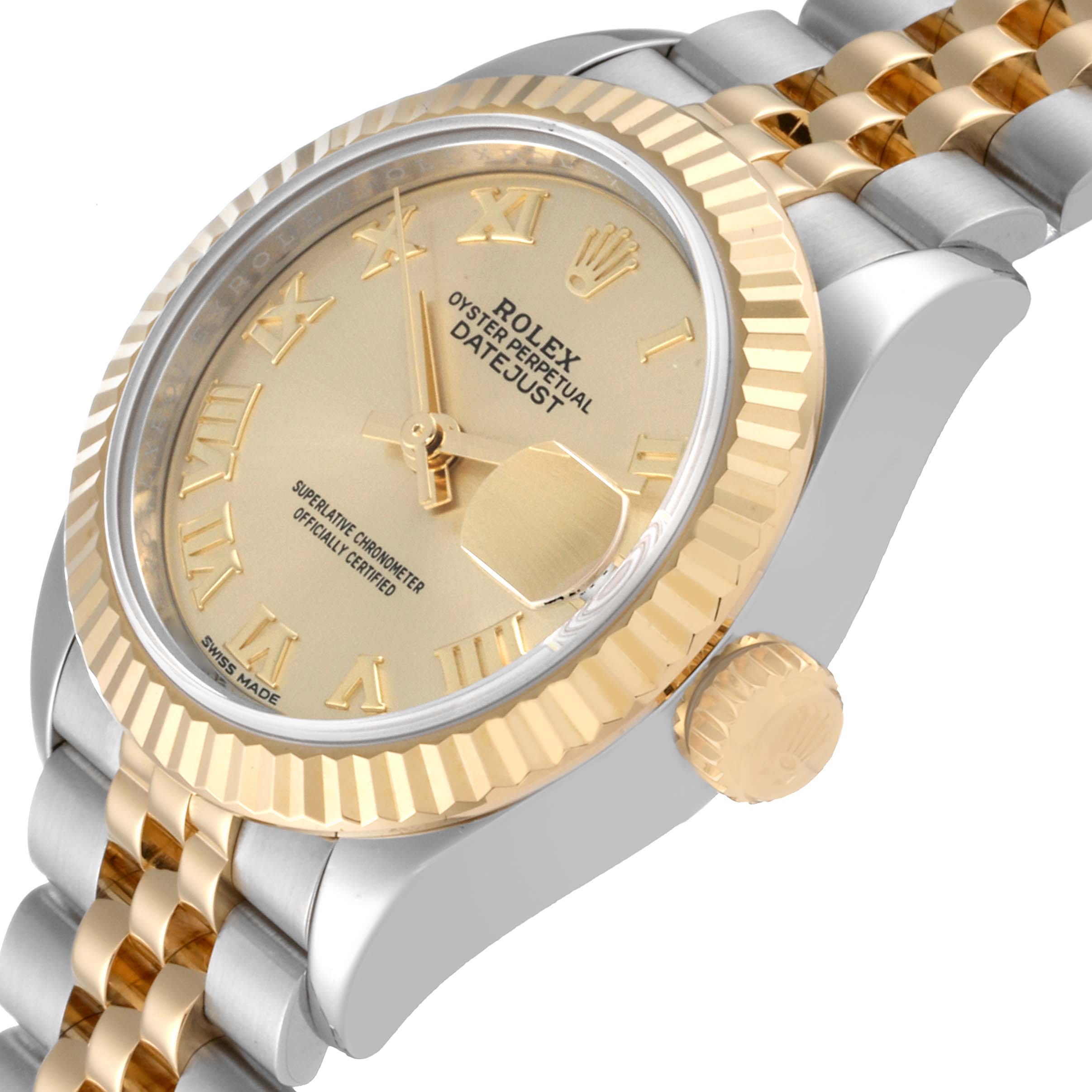 The image shows the dial, bezel, crown, and part of the bracelet of a Rolex Datejust 279173 Women's Steel and Gold (two tone) Champagne Dial 279173 Women's Steel and Gold (two tone) Champagne Dial watch from an angled view.