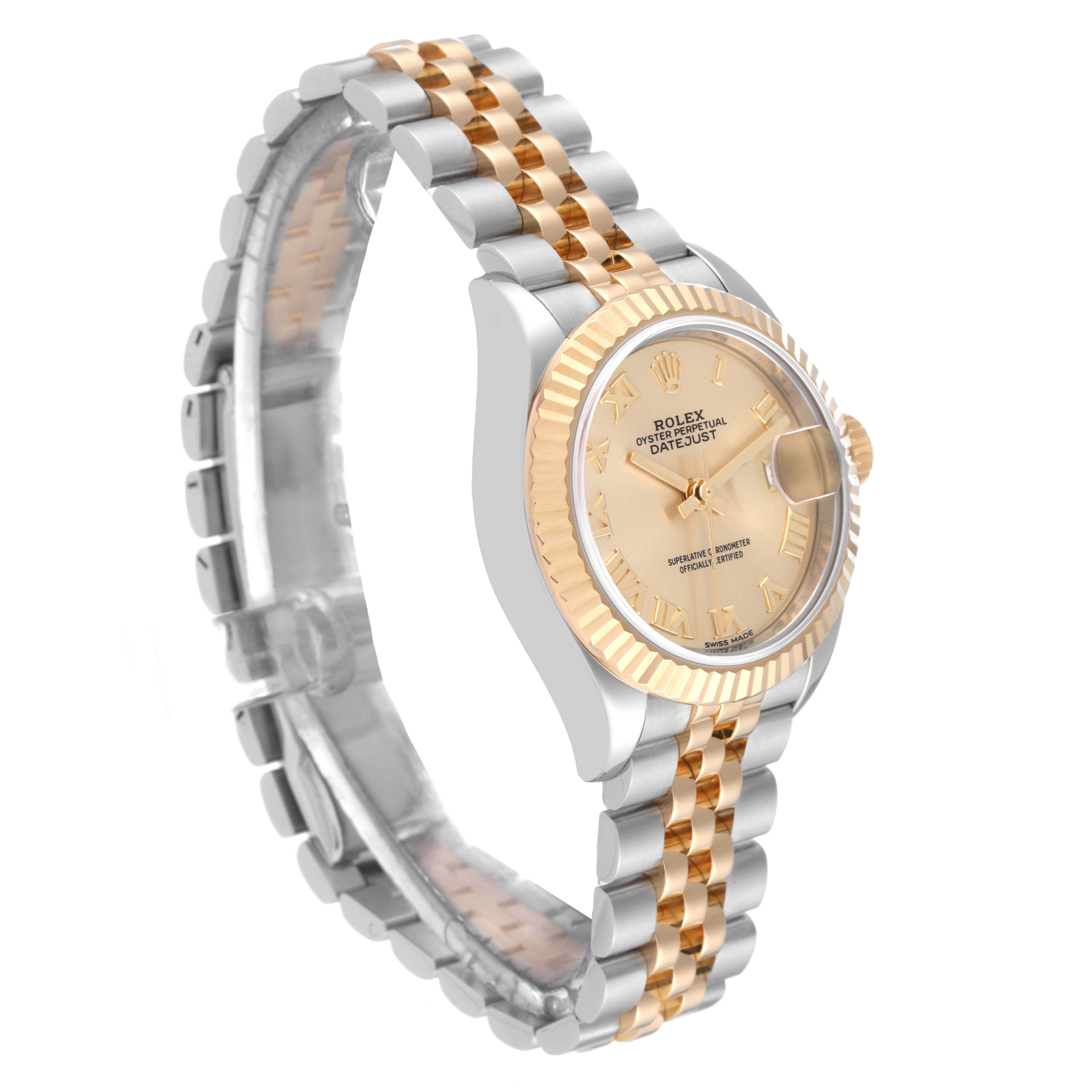 The Rolex Datejust 279173 Women's Steel and Gold (two tone) Champagne Dial 279173 Women's Steel and Gold (two tone) Champagne Dial watch is shown at an angle highlighting its gold dial, fluted bezel, and two-tone bracelet.