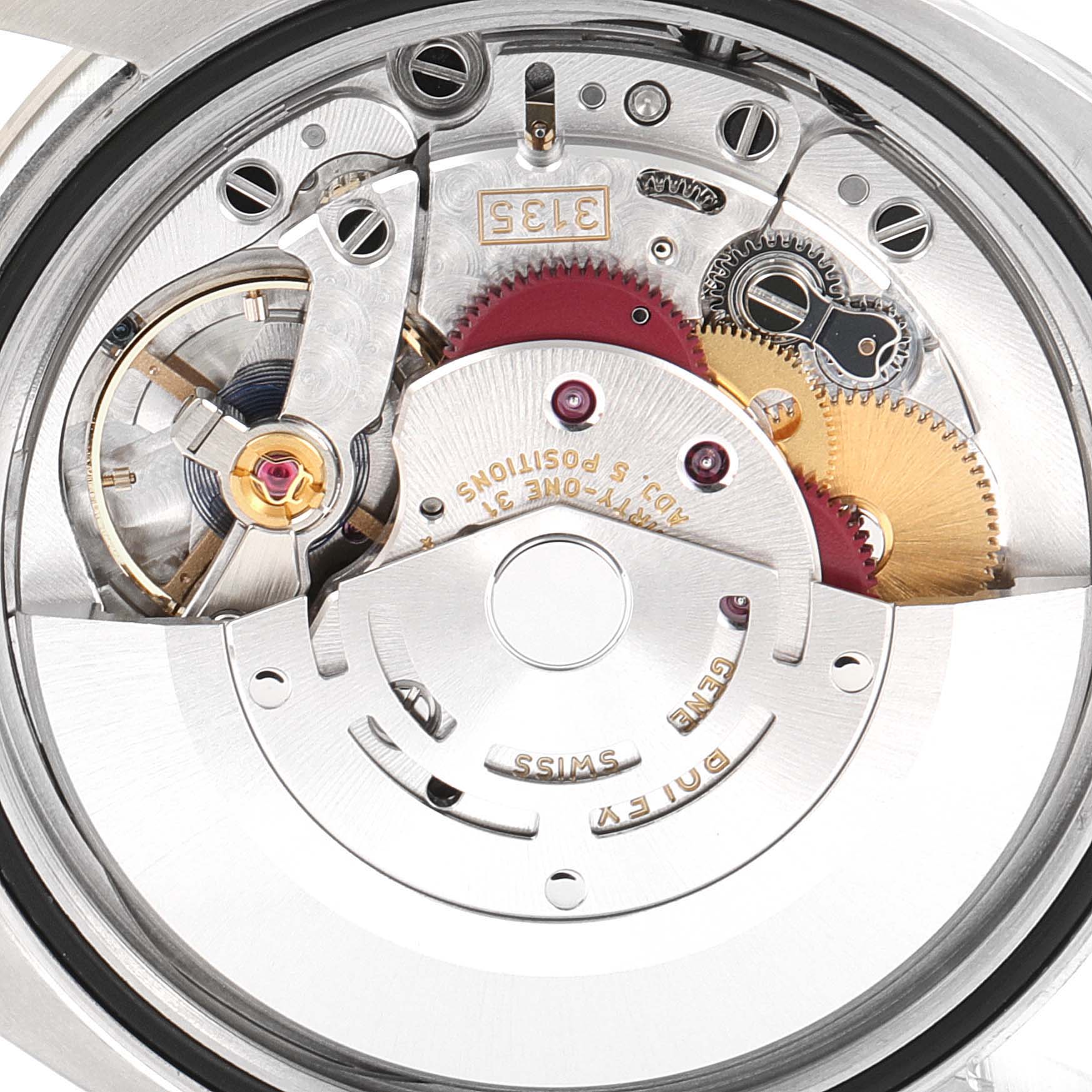 The image shows the intricate inner mechanism of the Rolex Datejust 116244 Men's Stainless Steel Black Dial 116244 Men's Stainless Steel Black Dial watch, focusing on the movement components.