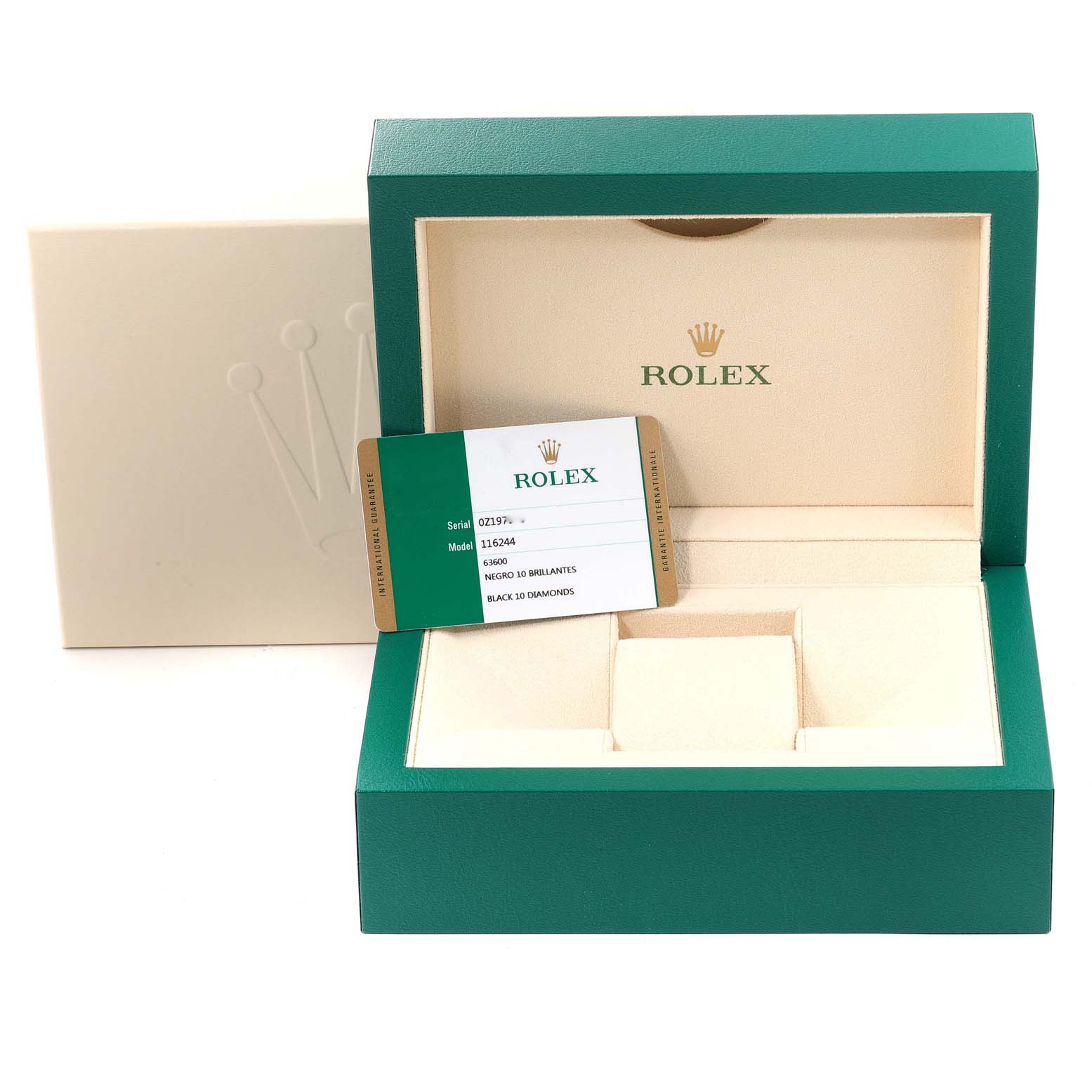 The image shows the opened box and warranty card for a Rolex Datejust 116244 Men's Stainless Steel Black Dial 116244 Men's Stainless Steel Black Dial watch, with the brand's logo prominently displayed.