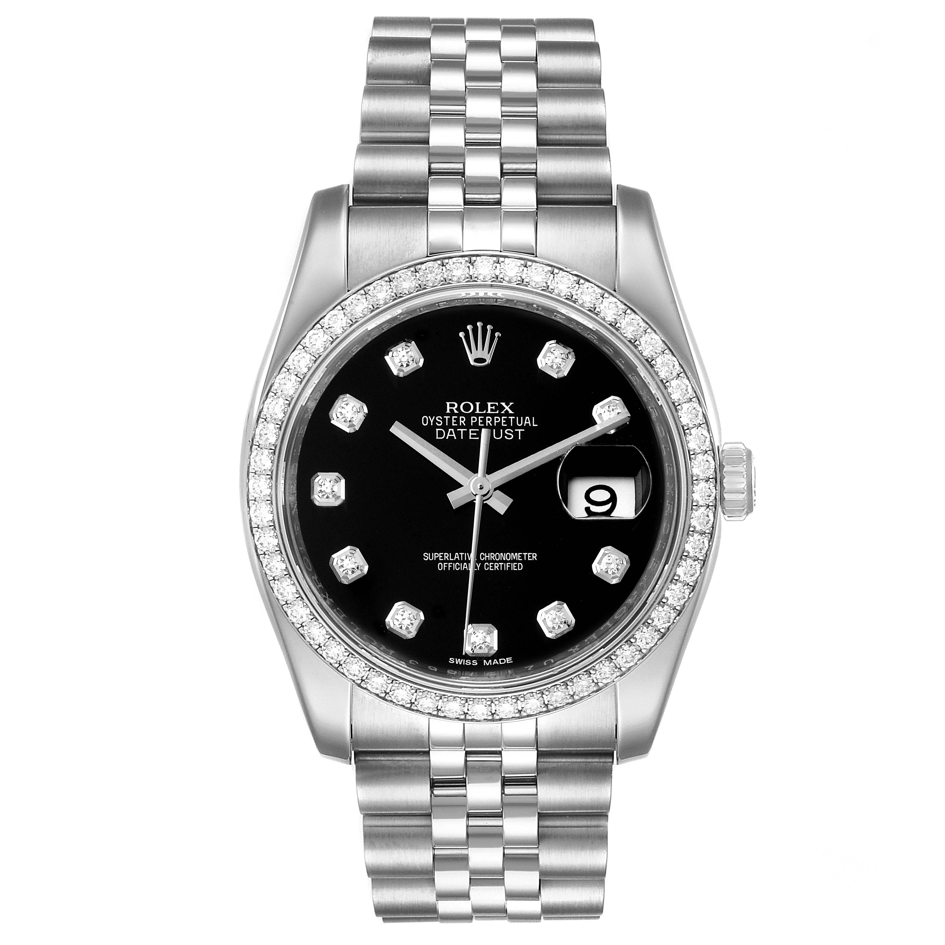 The image shows a front view of a Rolex Datejust 116244 Men's Stainless Steel Black Dial 116244 Men's Stainless Steel Black Dial watch with a black dial, diamond markers, and a Jubilee bracelet.