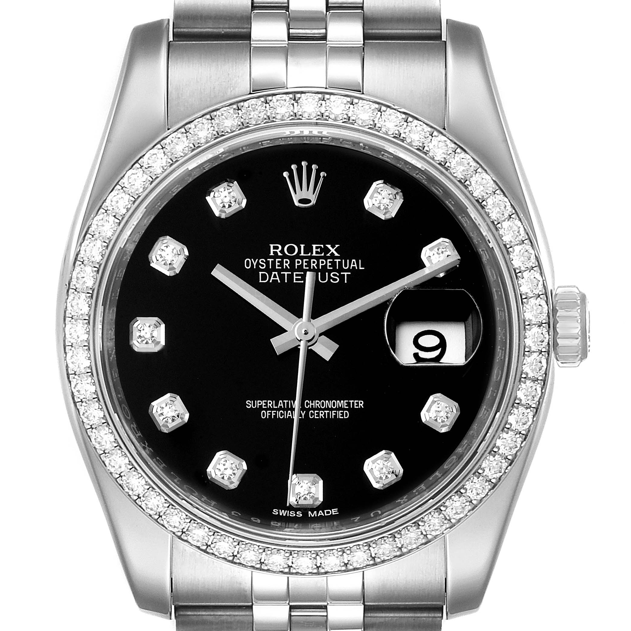 The image shows a front view of a Rolex Datejust 116244 Men's Stainless Steel Black Dial 116244 Men's Stainless Steel Black Dial watch featuring a black dial, diamond markers, and a date window at 3 o'clock.