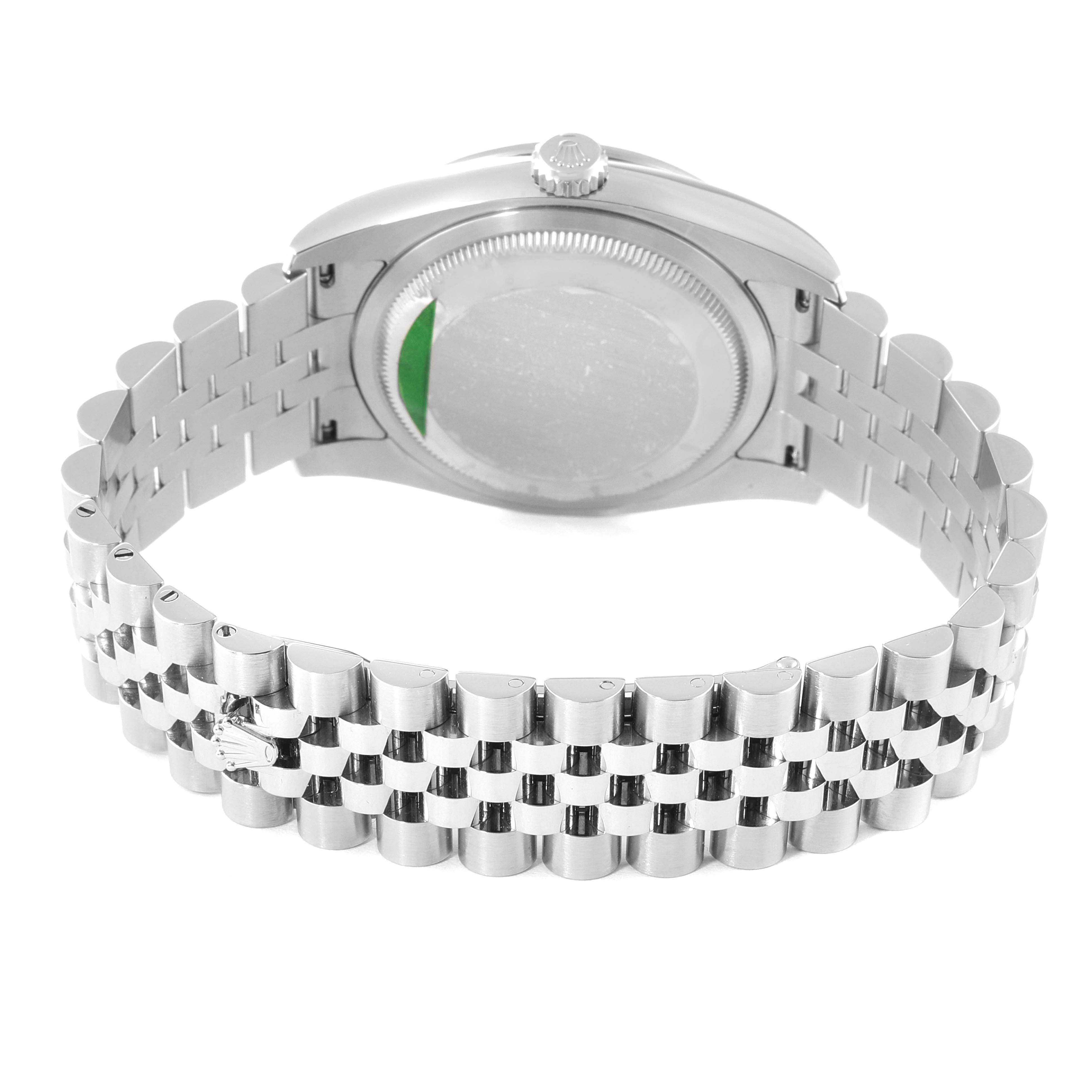 This image shows the back case and stainless steel bracelet of a Rolex Datejust 116244 Men's Stainless Steel Black Dial 116244 Men's Stainless Steel Black Dial watch from a rear angle.