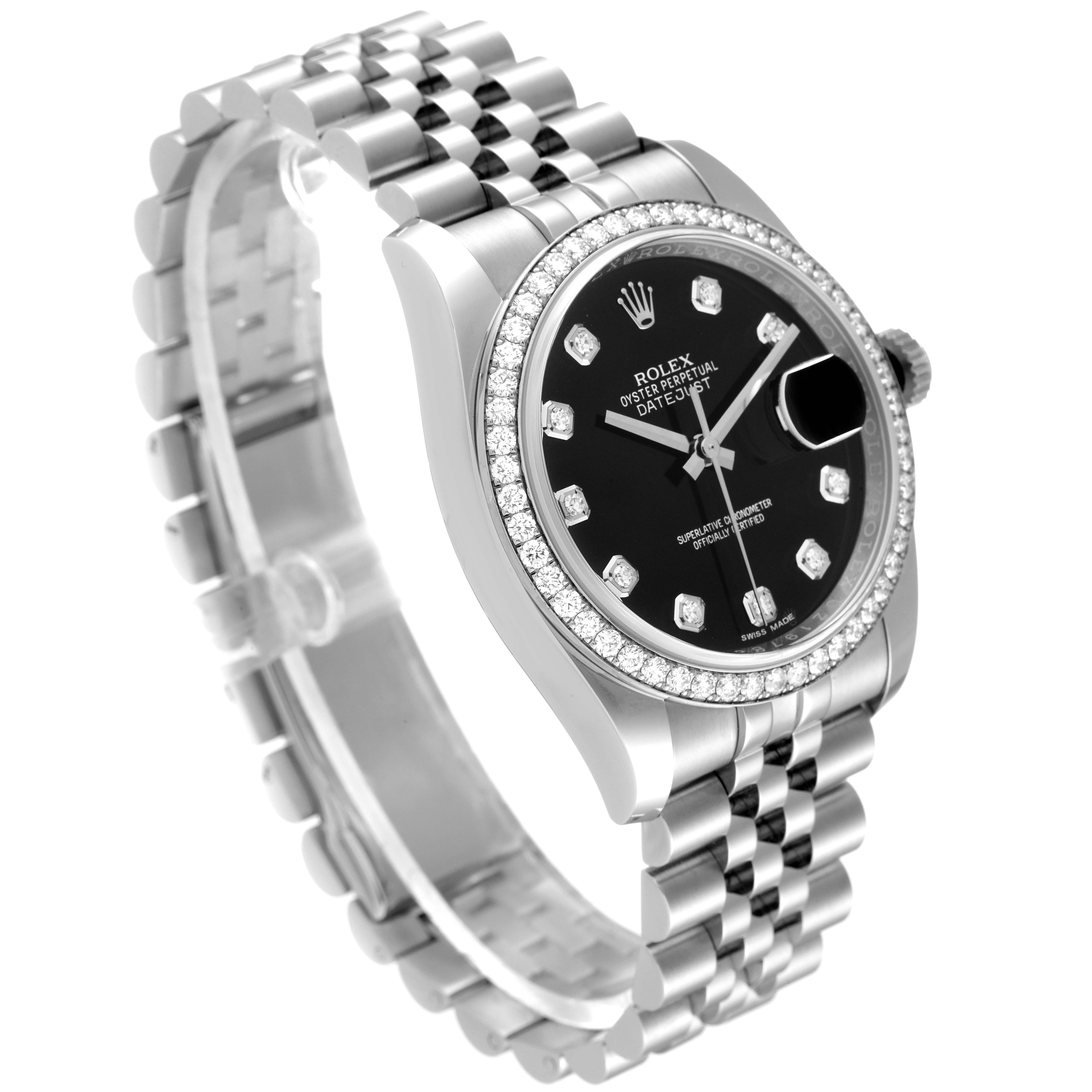 The Rolex Datejust 116244 Men's Stainless Steel Black Dial 116244 Men's Stainless Steel Black Dial watch is shown at a three-quarter angle, highlighting the face, bezel, and part of the bracelet.