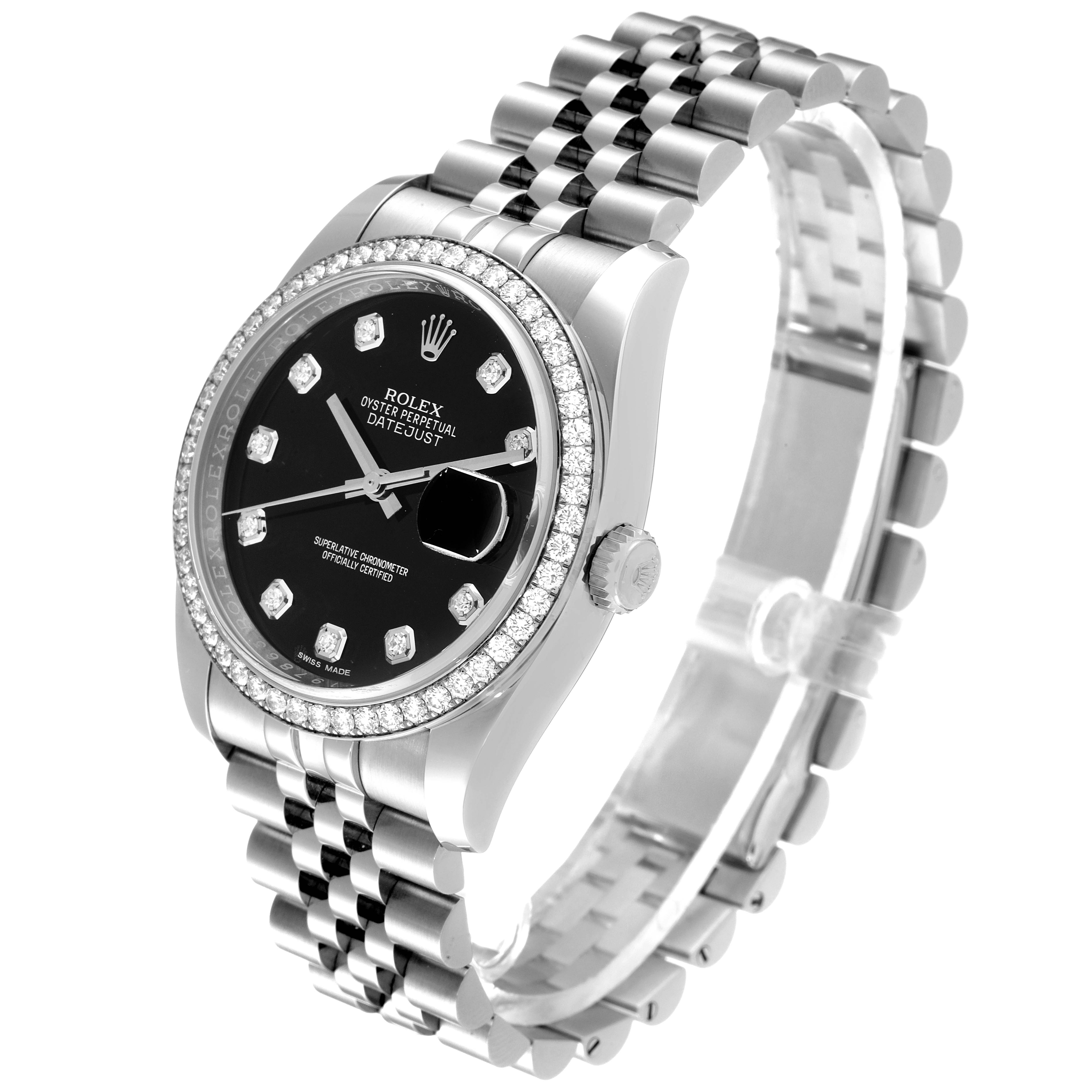 The image shows a Rolex Datejust 116244 Men's Stainless Steel Black Dial 116244 Men's Stainless Steel Black Dial watch angled to display the black diamond-studded dial, stainless steel case, and jubilee bracelet.