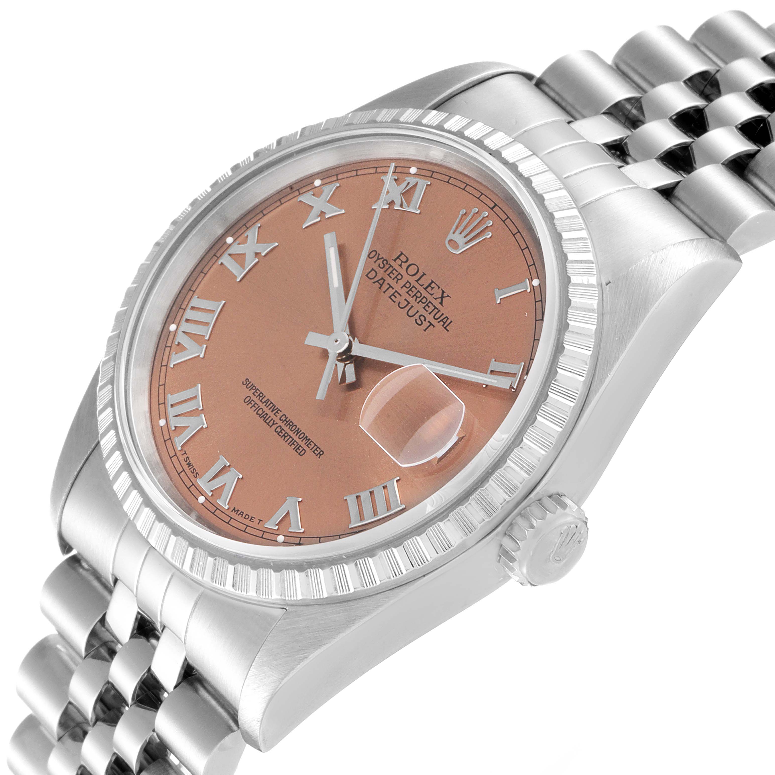 The Rolex Datejust 16220 Men's Stainless Steel Pink Dial 16220 Men's Stainless Steel Pink Dial watch is shown at an angled close-up, highlighting the dial, bezel, crown, and part of the bracelet.
