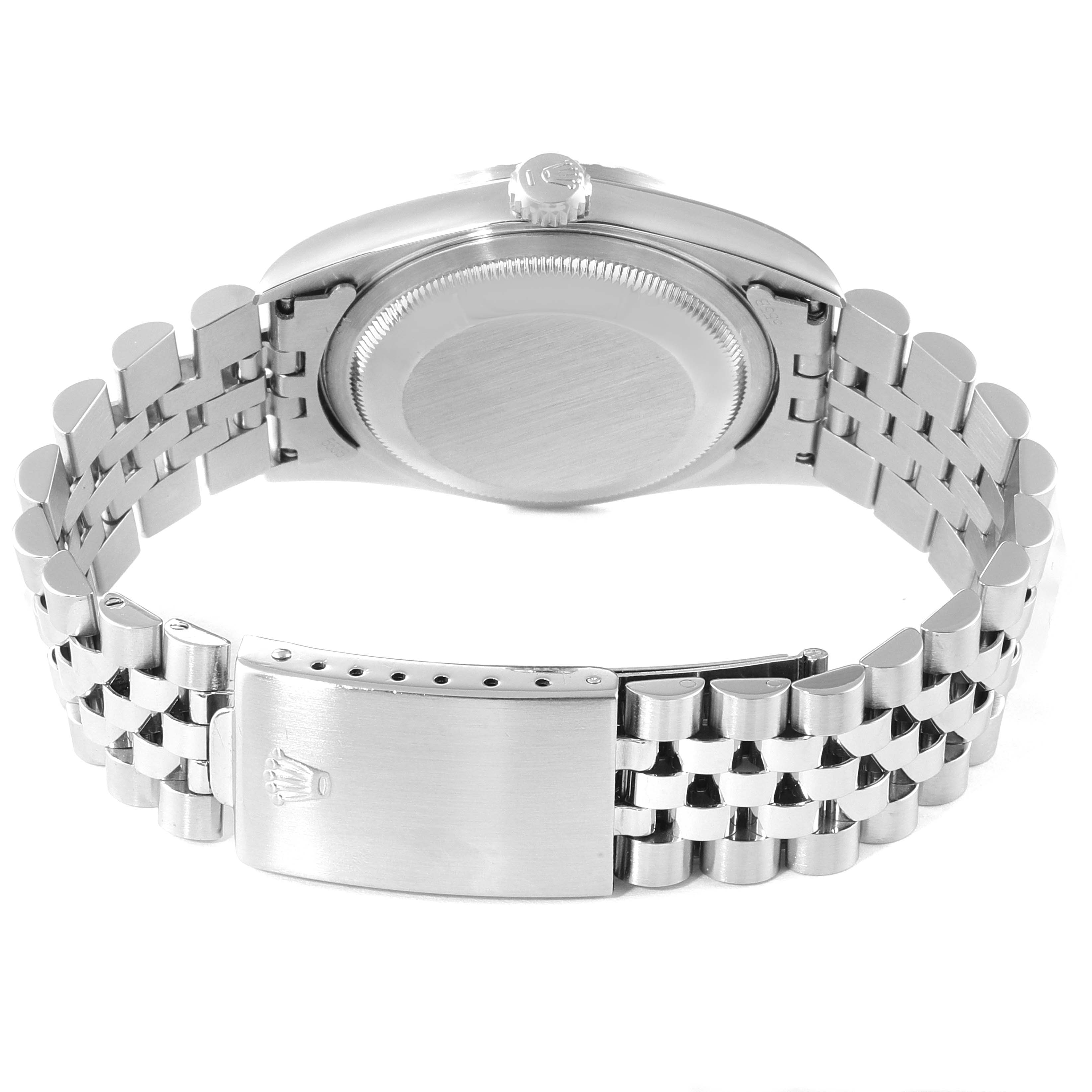 The image shows the back view of a Rolex Datejust 16220 Men's Stainless Steel Pink Dial 16220 Men's Stainless Steel Pink Dial watch, highlighting the case back, crown, and Jubilee bracelet with a clasp.