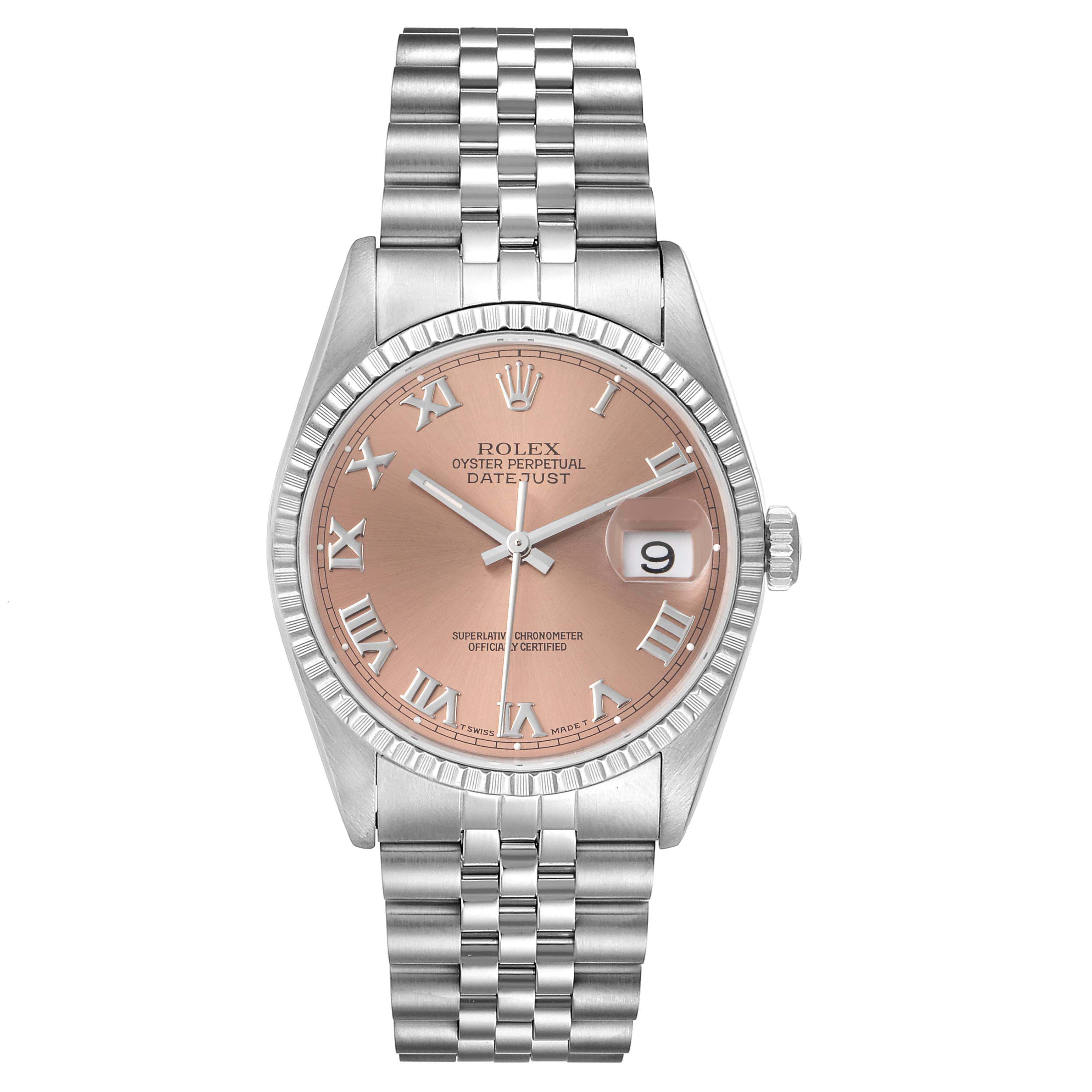 This image shows the front view of a Rolex Datejust 16220 Men's Stainless Steel Pink Dial 16220 Men's Stainless Steel Pink Dial watch, including its pink dial, fluted bezel, and Jubilee bracelet.