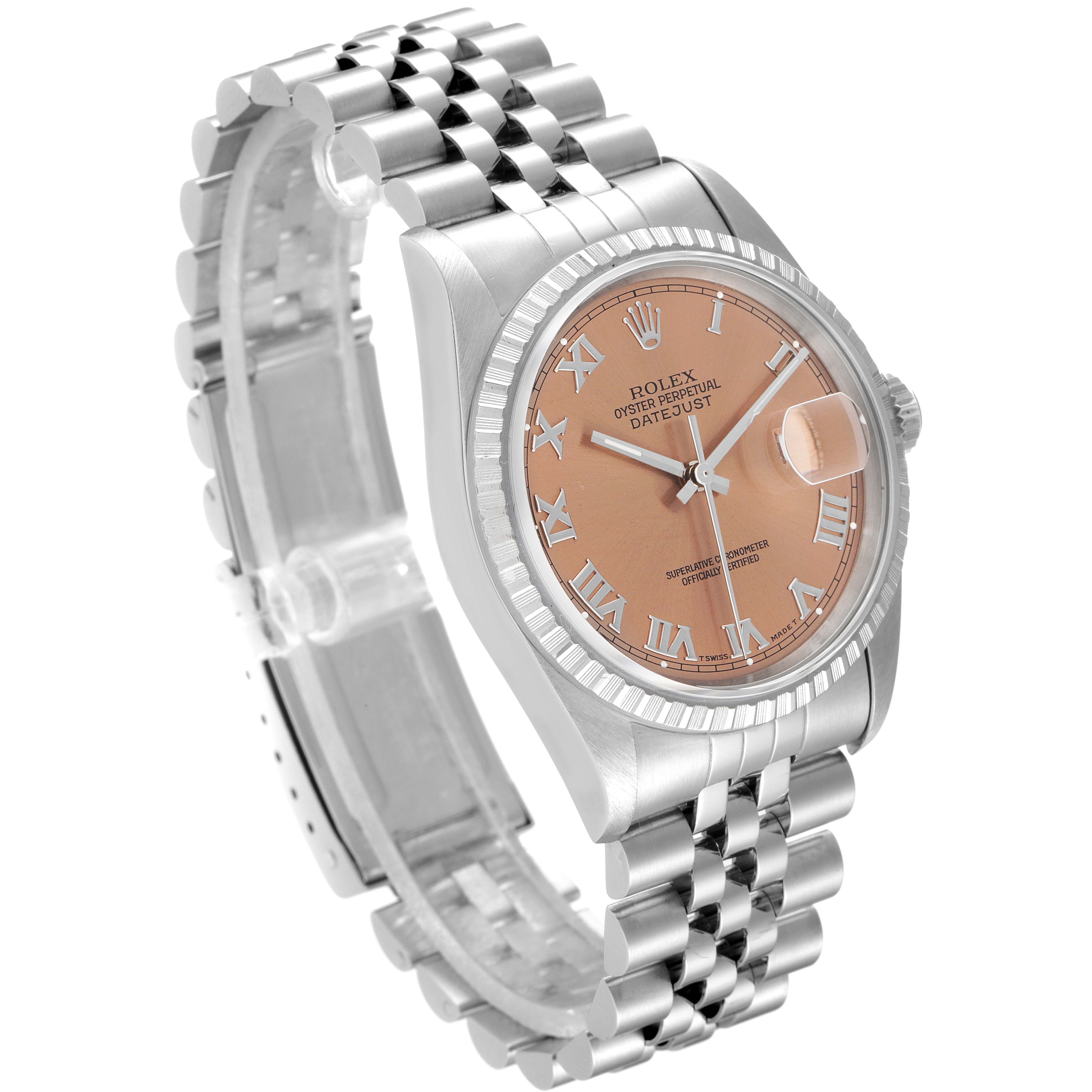 The image shows a Rolex Datejust 16220 Men's Stainless Steel Pink Dial 16220 Men's Stainless Steel Pink Dial watch at a slight angle, highlighting its face, bezel, case, and partial bracelet.