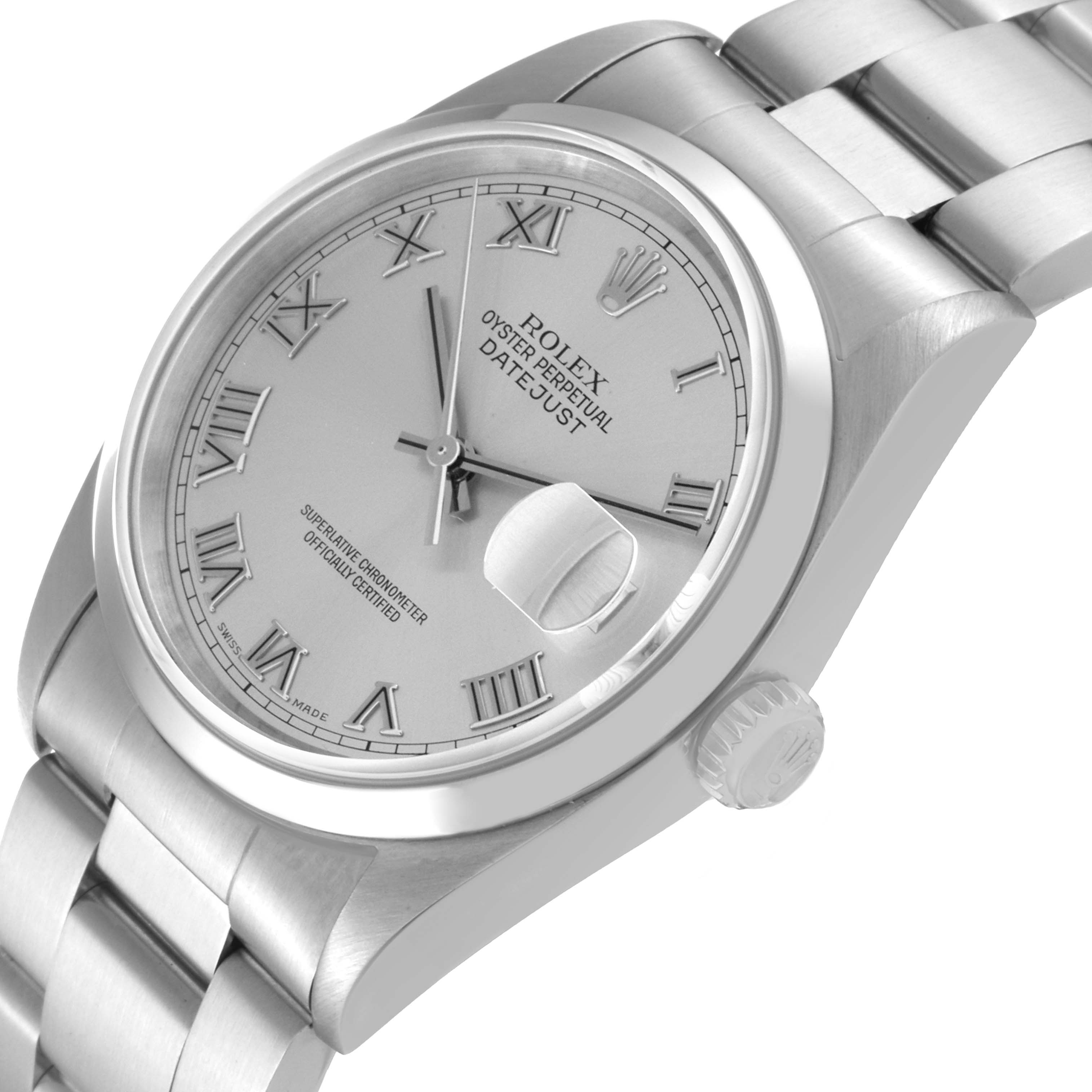 The image shows a side angle of a Rolex Datejust 16200 Men's Stainless Steel Silver Dial 16200 Men's Stainless Steel Silver Dial watch, highlighting its dial, crown, and bracelet.