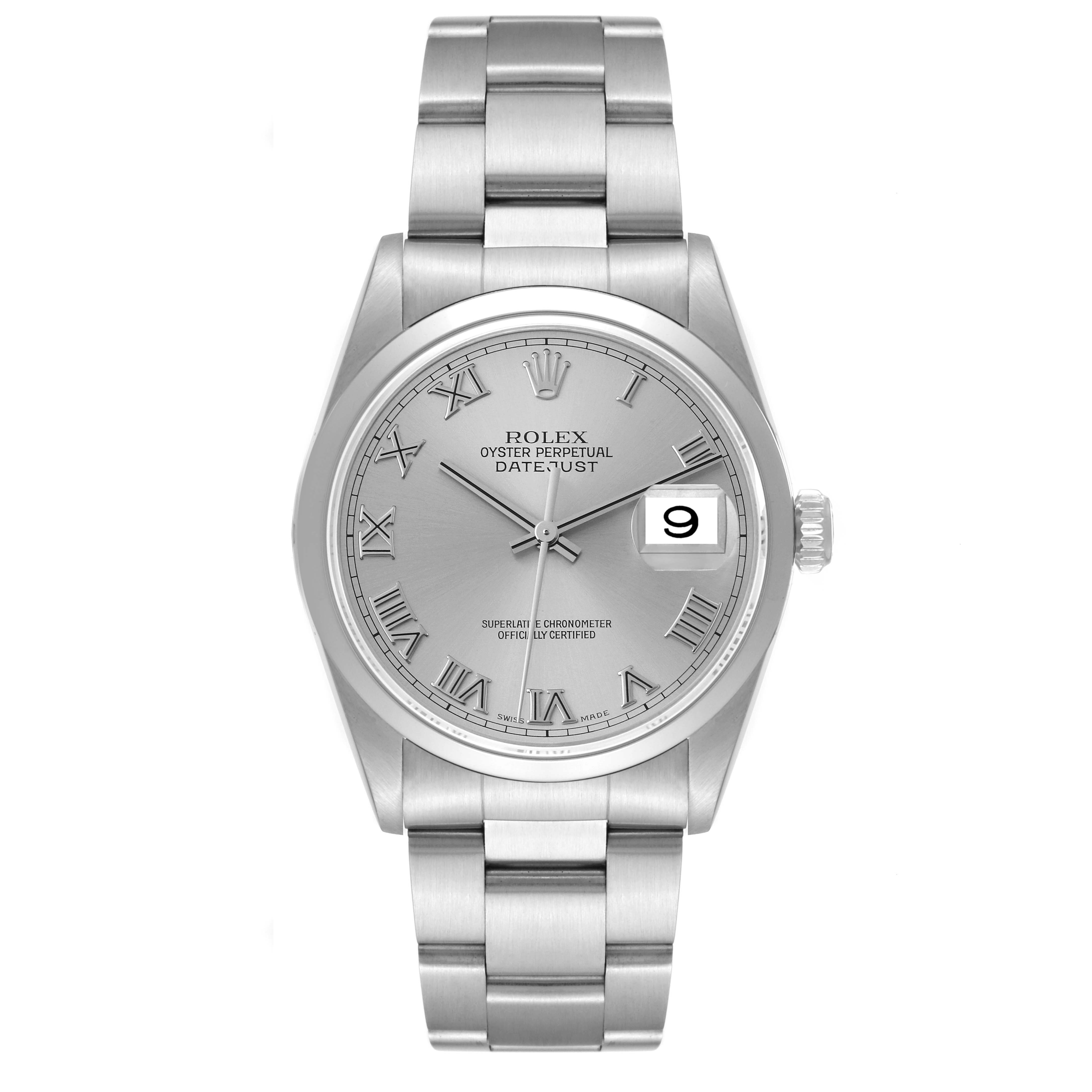 The Rolex Datejust 16200 Men's Stainless Steel Silver Dial 16200 Men's Stainless Steel Silver Dial watch is shown from a top-down angle, displaying its dial, bracelet, and date display.