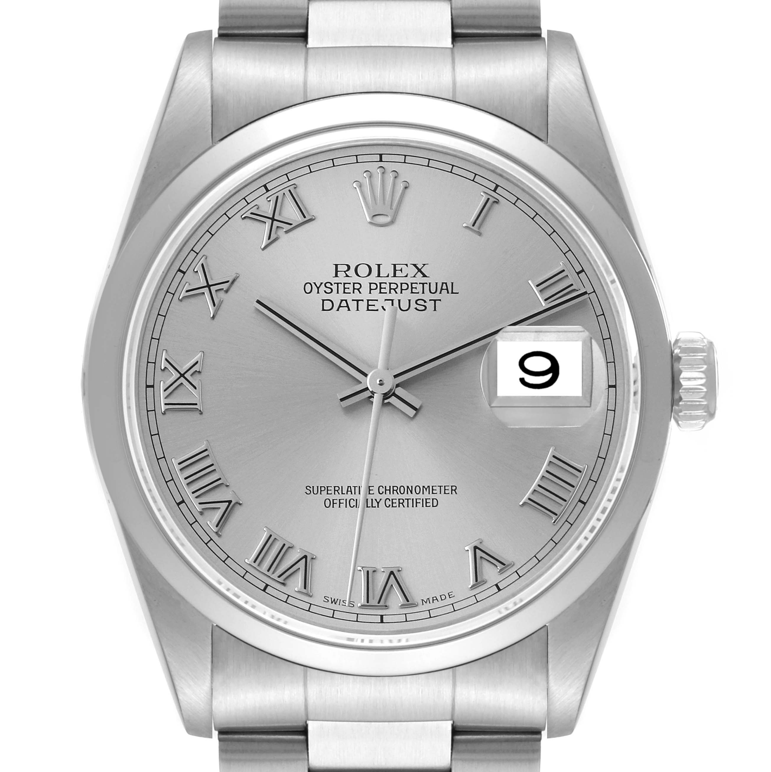 This image shows a front-facing view of the dial and part of the bracelet of a Rolex Datejust 16200 Men's Stainless Steel Silver Dial 16200 Men's Stainless Steel Silver Dial watch.