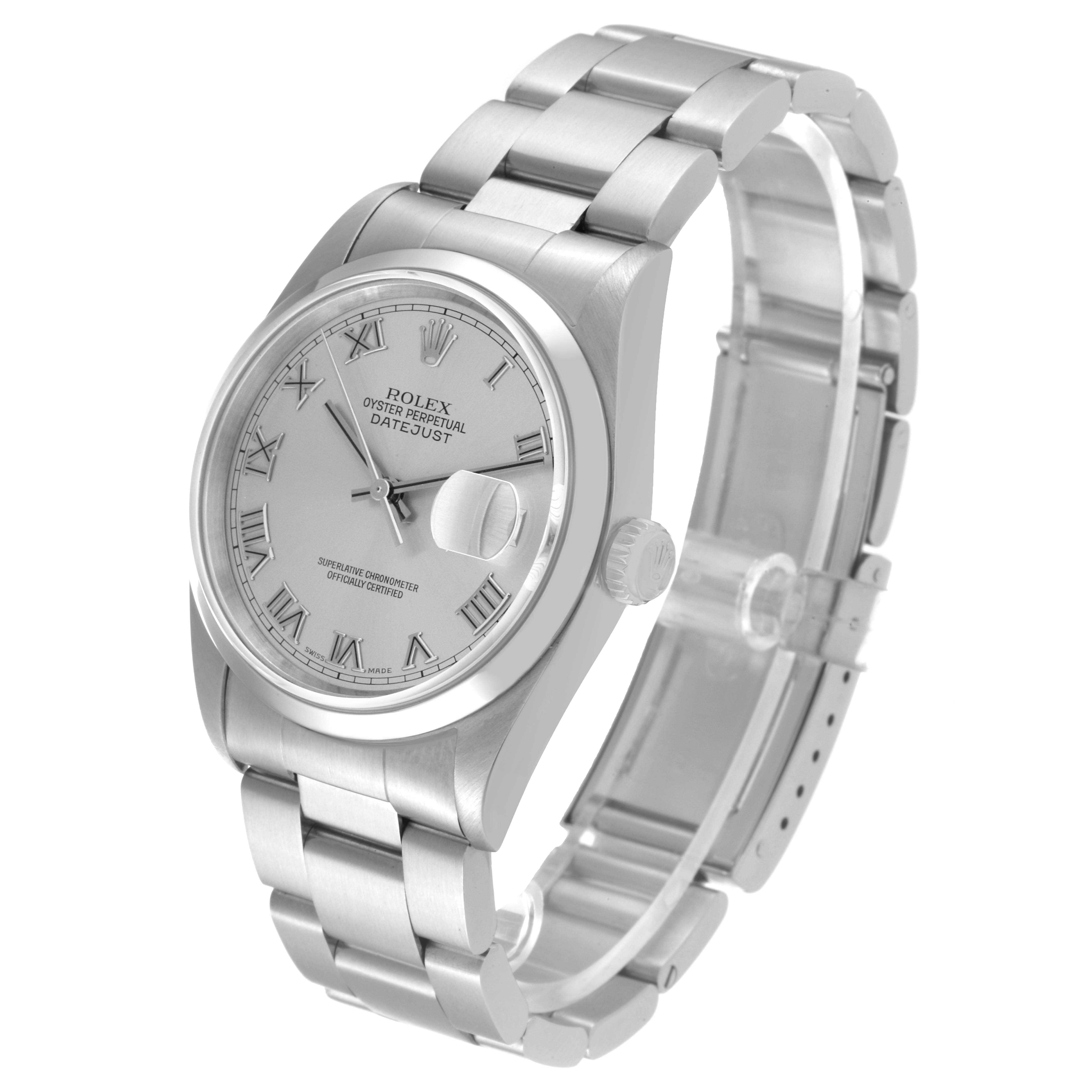 The image shows a Rolex Datejust 16200 Men's Stainless Steel Silver Dial 16200 Men's Stainless Steel Silver Dial watch from a slight side angle, featuring the dial, bezel, case, and bracelet.