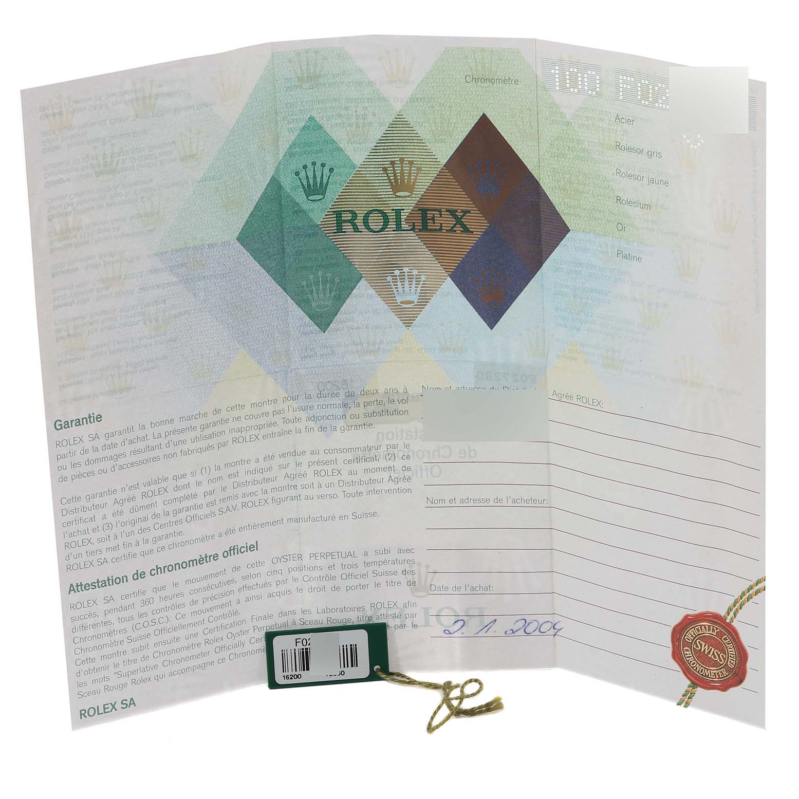 The image shows the warranty and certification papers for a Rolex Datejust 16200 Men's Stainless Steel Silver Dial 16200 Men's Stainless Steel Silver Dial watch, including a green tag and a red seal.