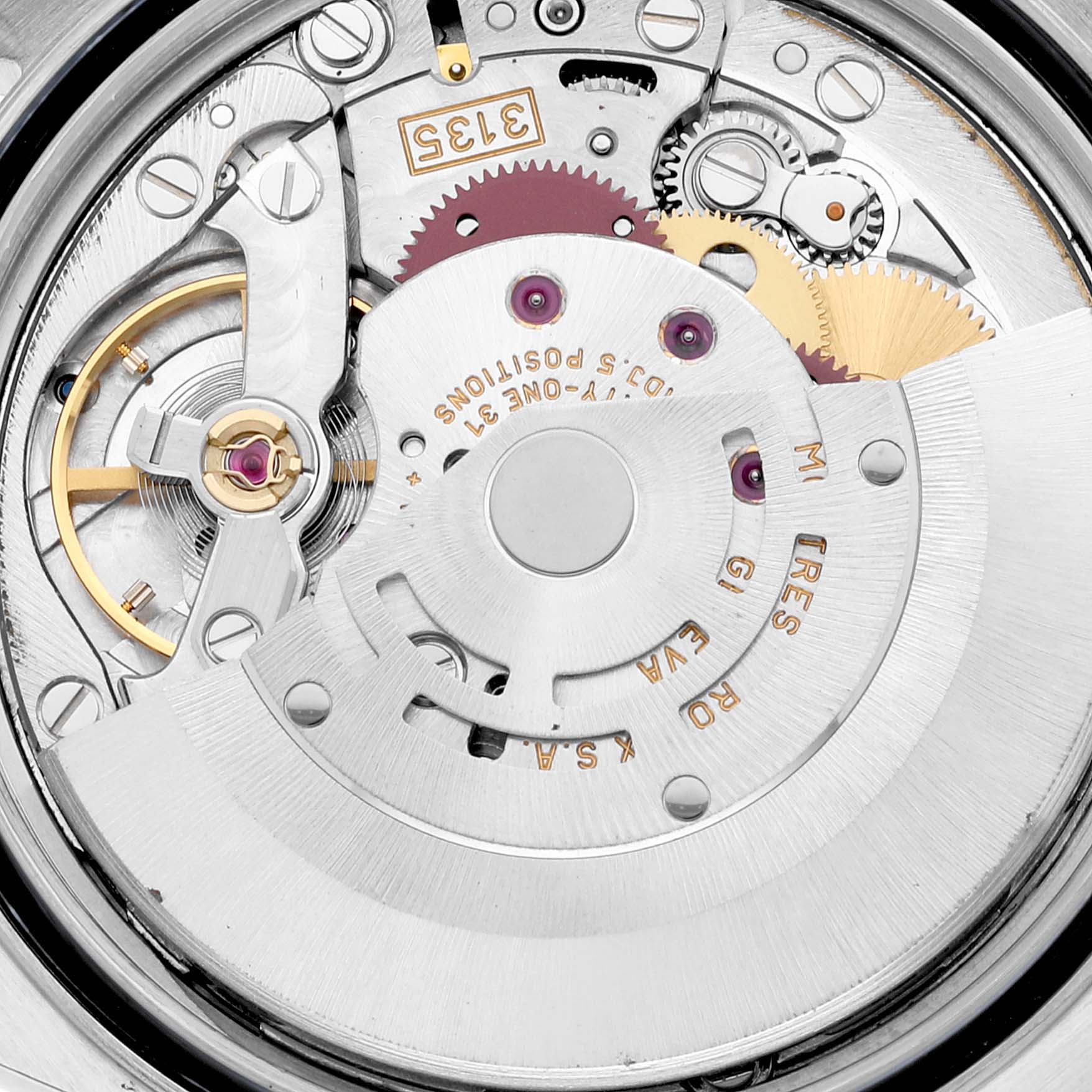 This image shows a close-up view of the inner mechanical movement of a Rolex Datejust 16200 Men's Stainless Steel Silver Dial 16200 Men's Stainless Steel Silver Dial watch.