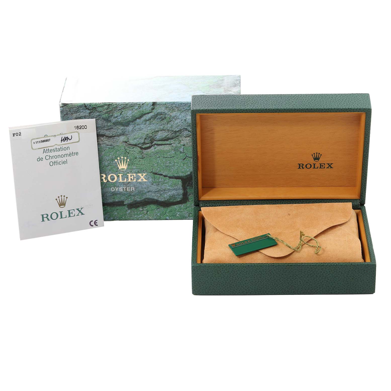 The image shows a Rolex Datejust 16200 Men's Stainless Steel Silver Dial 16200 Men's Stainless Steel Silver Dial watch box, an official chronometer certificate, and a protective pouch, all viewed from the front.