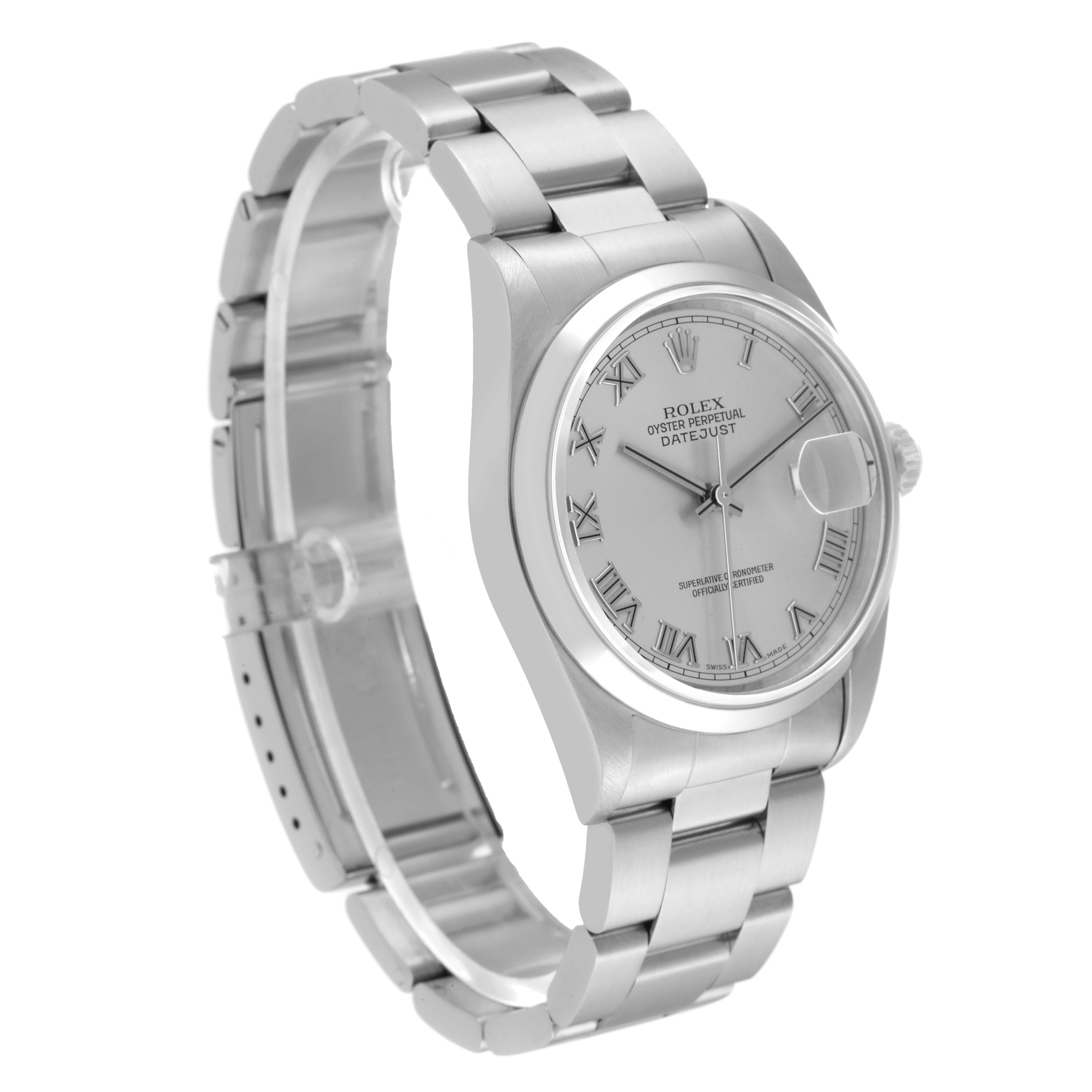 This image shows a Rolex Datejust 16200 Men's Stainless Steel Silver Dial 16200 Men's Stainless Steel Silver Dial watch at a slight angle, highlighting its bracelet, dial, and case.