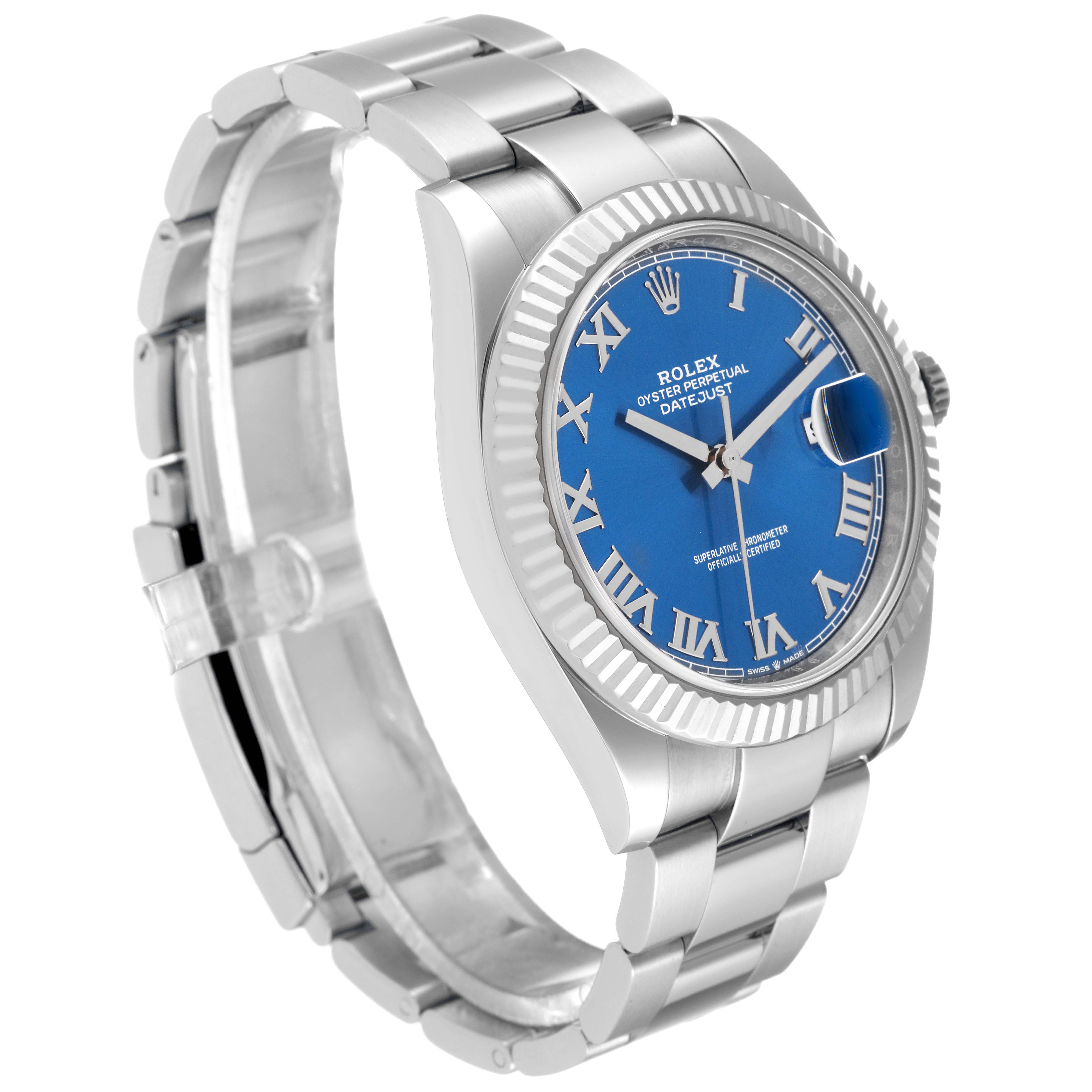 The image shows a Rolex Datejust 41 126334 Men's Stainless Steel Blue Dial 126334 Men's Stainless Steel Blue Dial watch from a three-quarter angle, highlighting the bracelet, blue dial, and fluted bezel.
