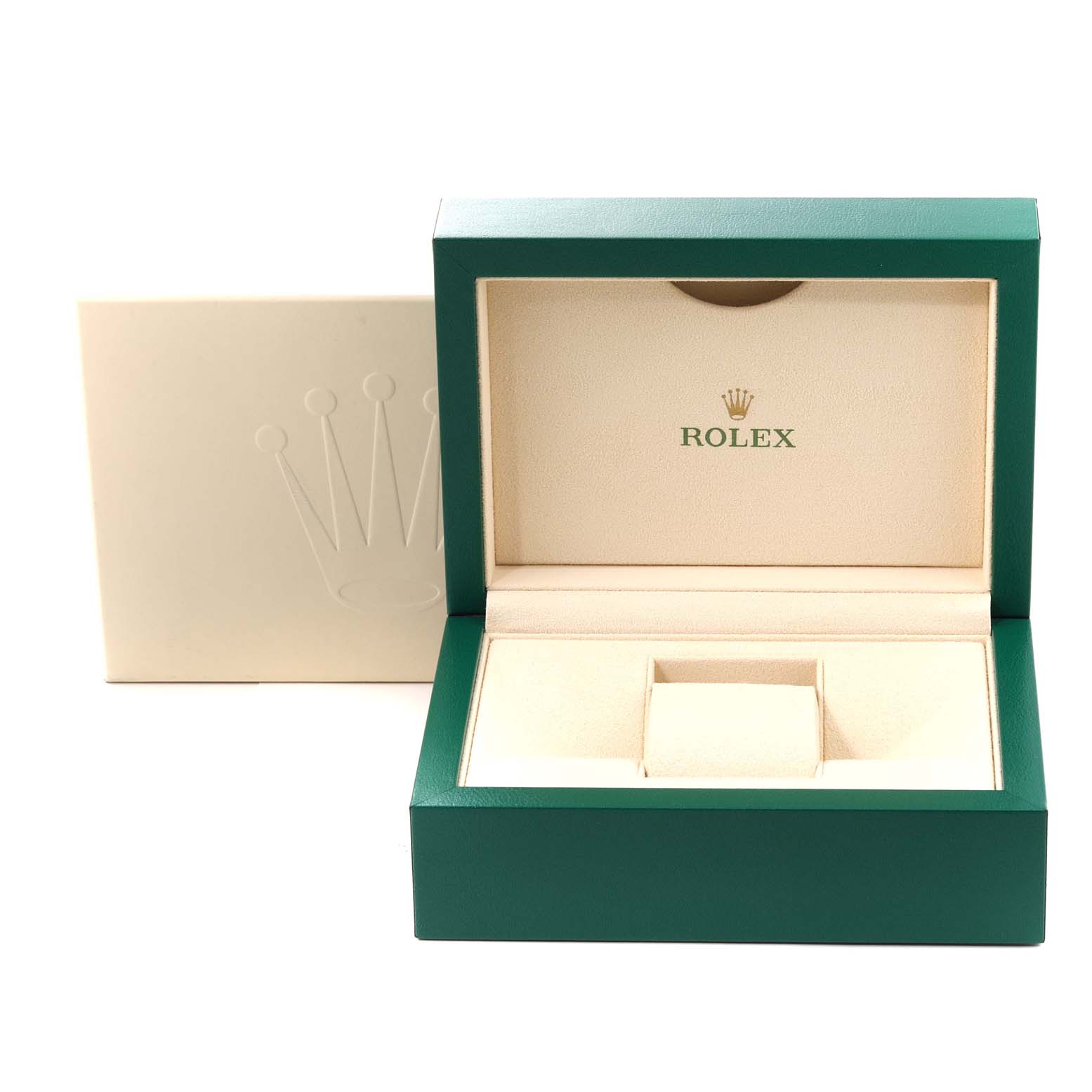 The image shows an open, empty green and beige Rolex watch box for the Datejust 41 model, with the outer box in the background.